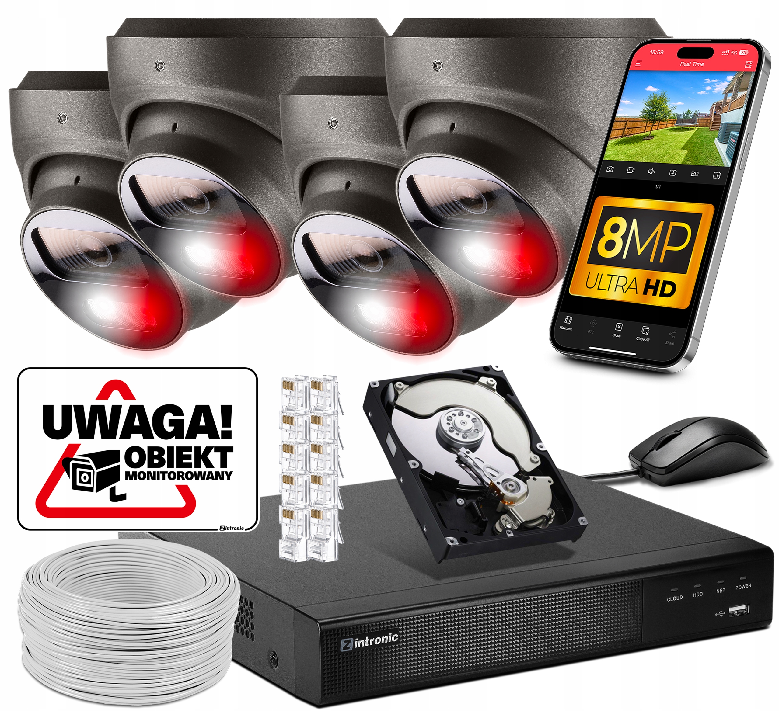 Sada pro Monitorování 4 kamer Poe 4K Ultra Hd 8Mpx Šedé kopule Detekce 1TB