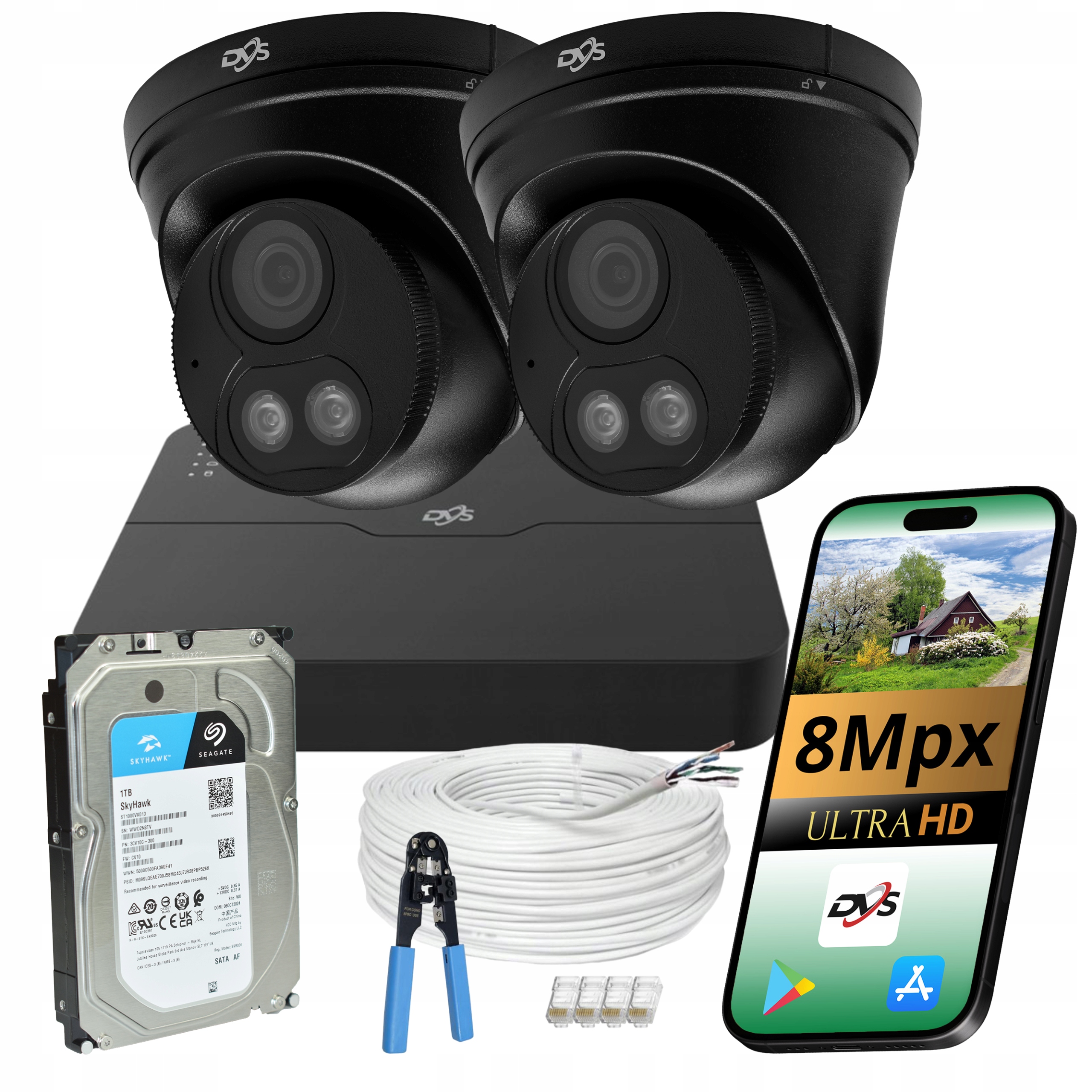 Monitorovací Systém S 1TB Diskem 2x Kamera 8MPX Poe Ip Hybridní Černá Dvs