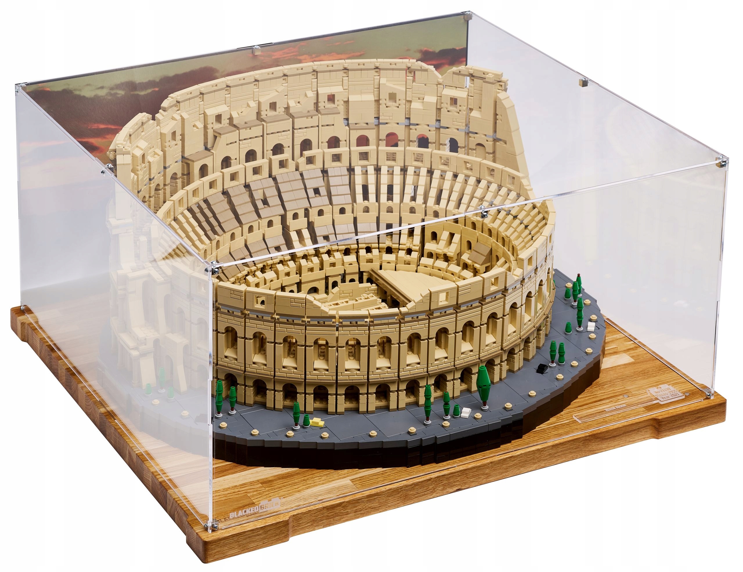 Vitrína Wood s pozadím Blacked Brick pre Lego 10276 Creator Expert Koloseum