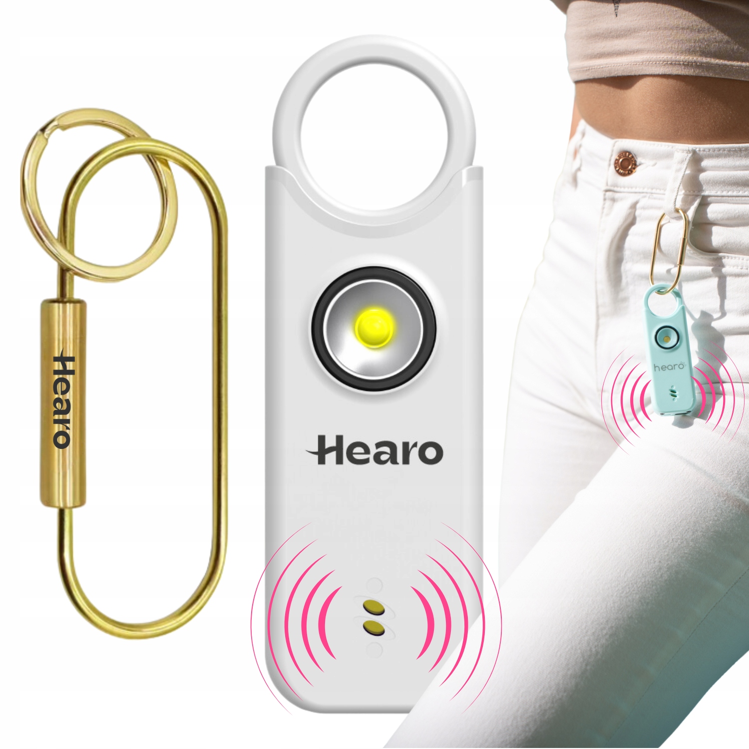 Osobní alarm 2v1 Hearo pro ženy a děti seniorů zlatý Přívěsek Na Klíče (bílý)