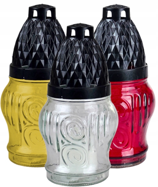 Znicz szklany LA11 14cm, wkład 30g, czas palenia 8h, mix kolorów 10 sztuk