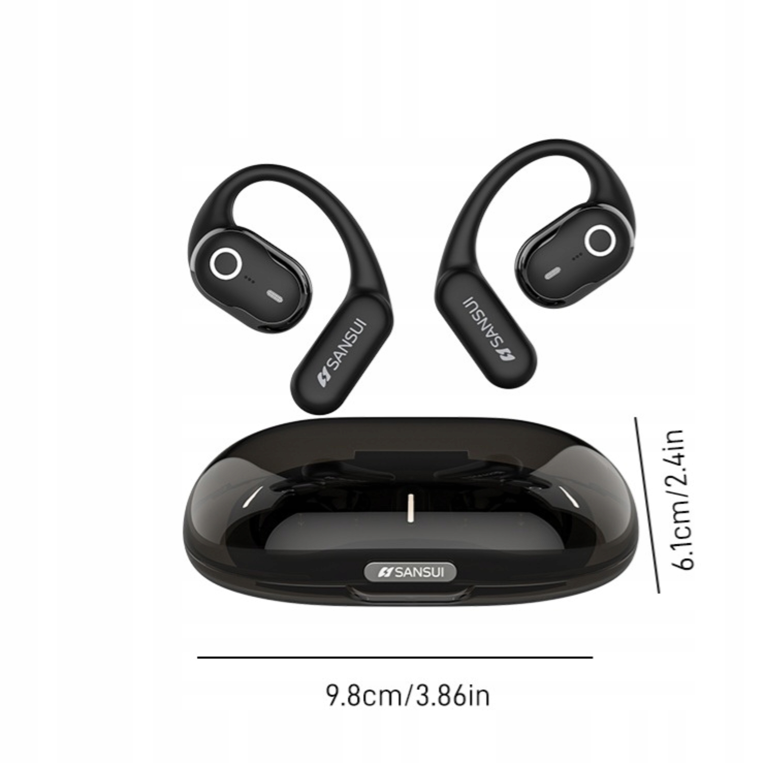 SŁUCHAWKI BEZPRZEWODOWE zauszne SANSUI w26 dwa mikrofony BLUETOOTH 5.4 Szerokość produktu 9.8 cm