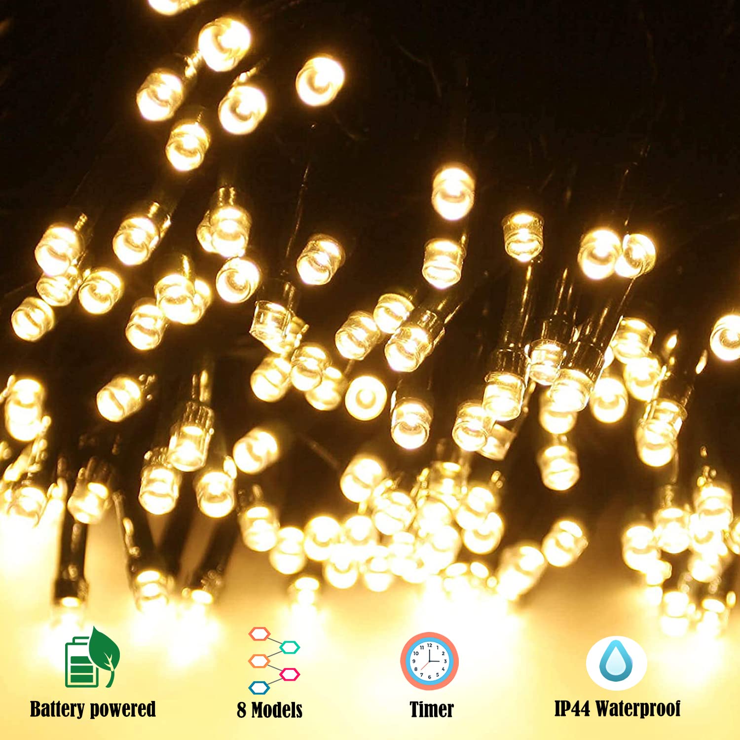 MEISION Kolorowe Lampki LED Bateria Timer 10m 100LED Ciepły Biały 2 Szt — miniatura 6