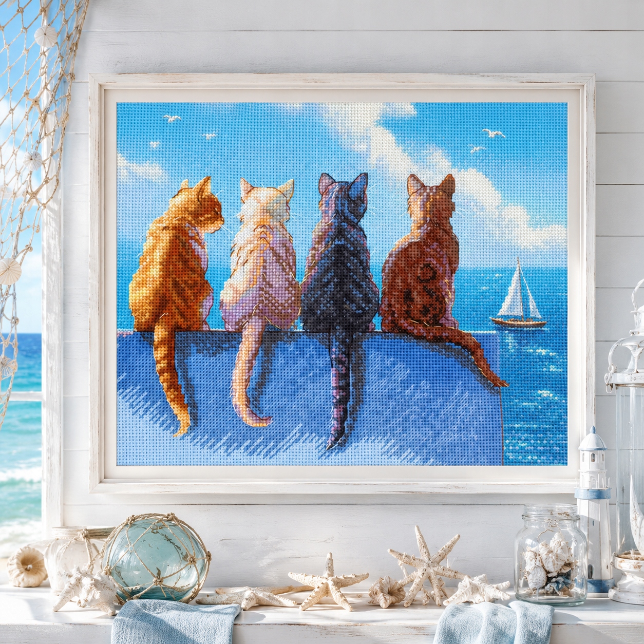 Aine A1034 Kočky u moře, sada pro křížkovou výšivku 30x21 cm