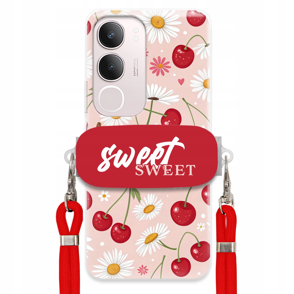 Puzdro pre Vivo Y19S 4G Červené vodítko Crossbody držiak Sweet Kvet čerešne