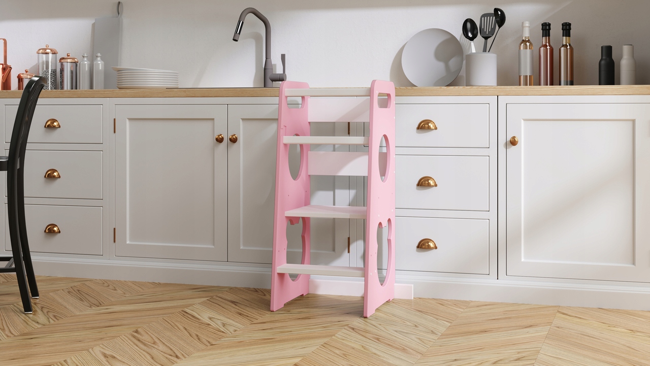 POMOCNIK KUCHENNY KITCHEN HELPER dziecięcy MONTESSORI RÓŻOWY/BIAŁY MIŚ Kod producenta pomocnik_biały_sosna_miś