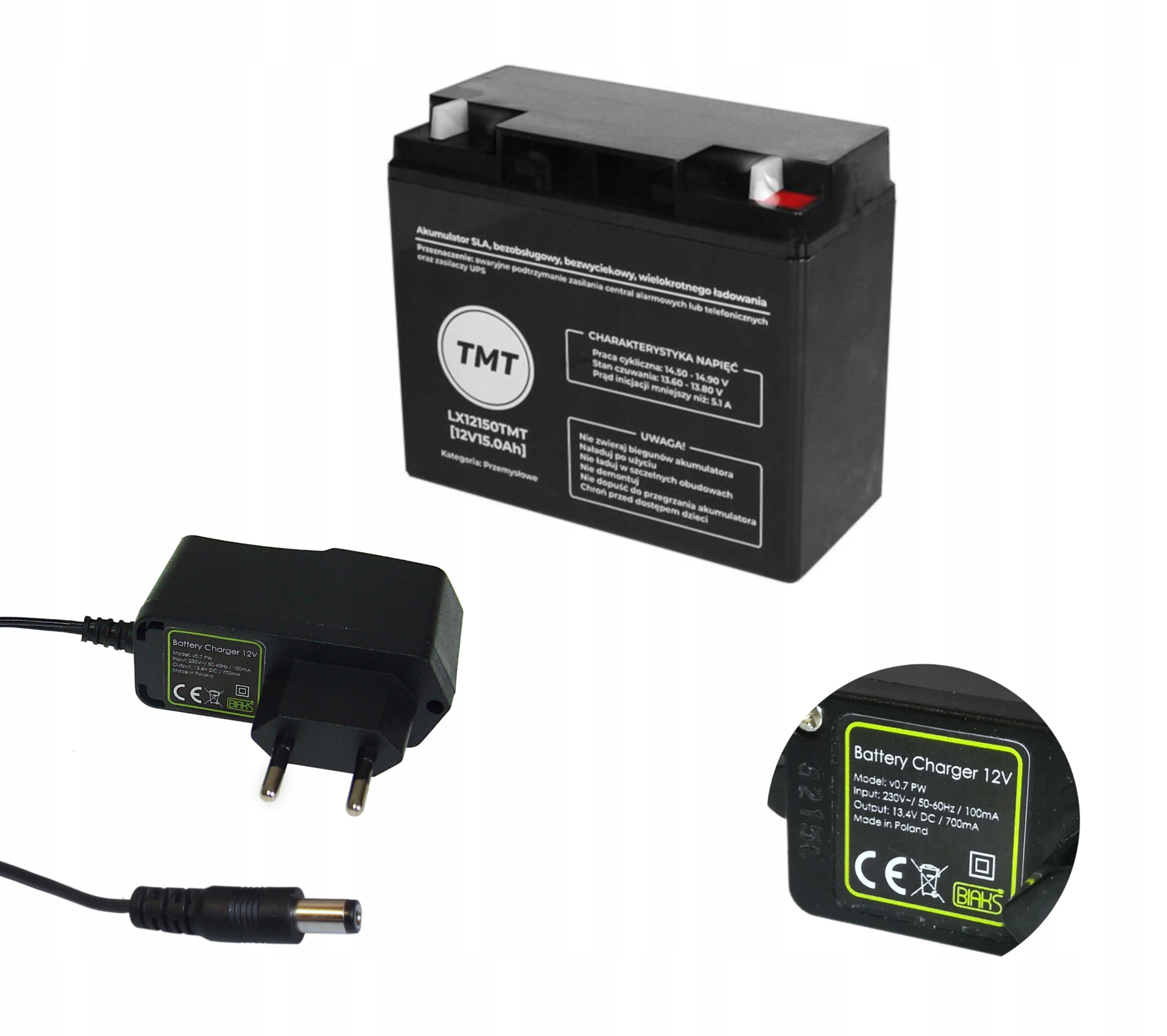 Akumulátor Agm 12V 15Ah Tmt Nabíječka Zástrčka do auta Ups rowe alarm