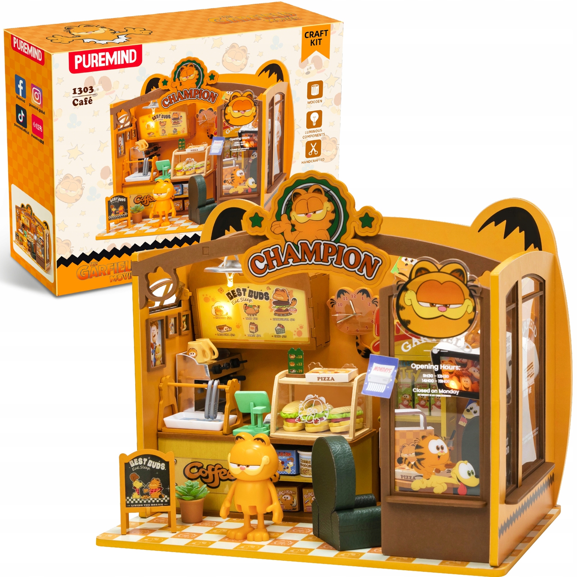 Puremind Składany Drewniany Model Kawiarnia Garfield Z Led Puzzle 3D Diy