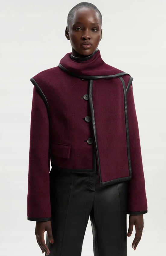 Burgundský Vlněný Krátký Kabát S Odnímatelným Šálem Karen Millen