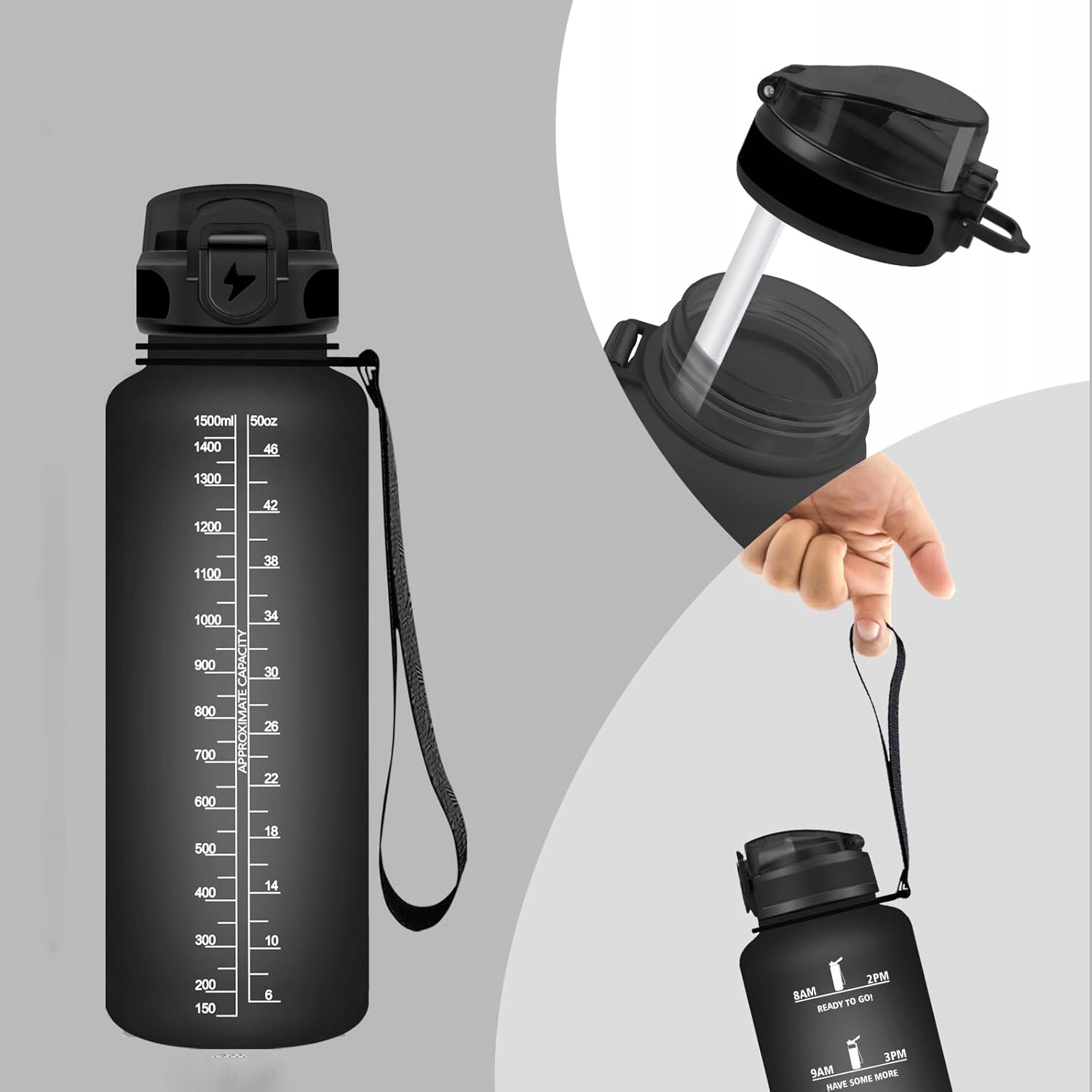 BUTELKA NA WODĘ BIDON SPORTOWY 1.5L Z SŁOMKĄ Z UCHWYTEM DO JOGA, JOGGING Kolor dominujący czarny