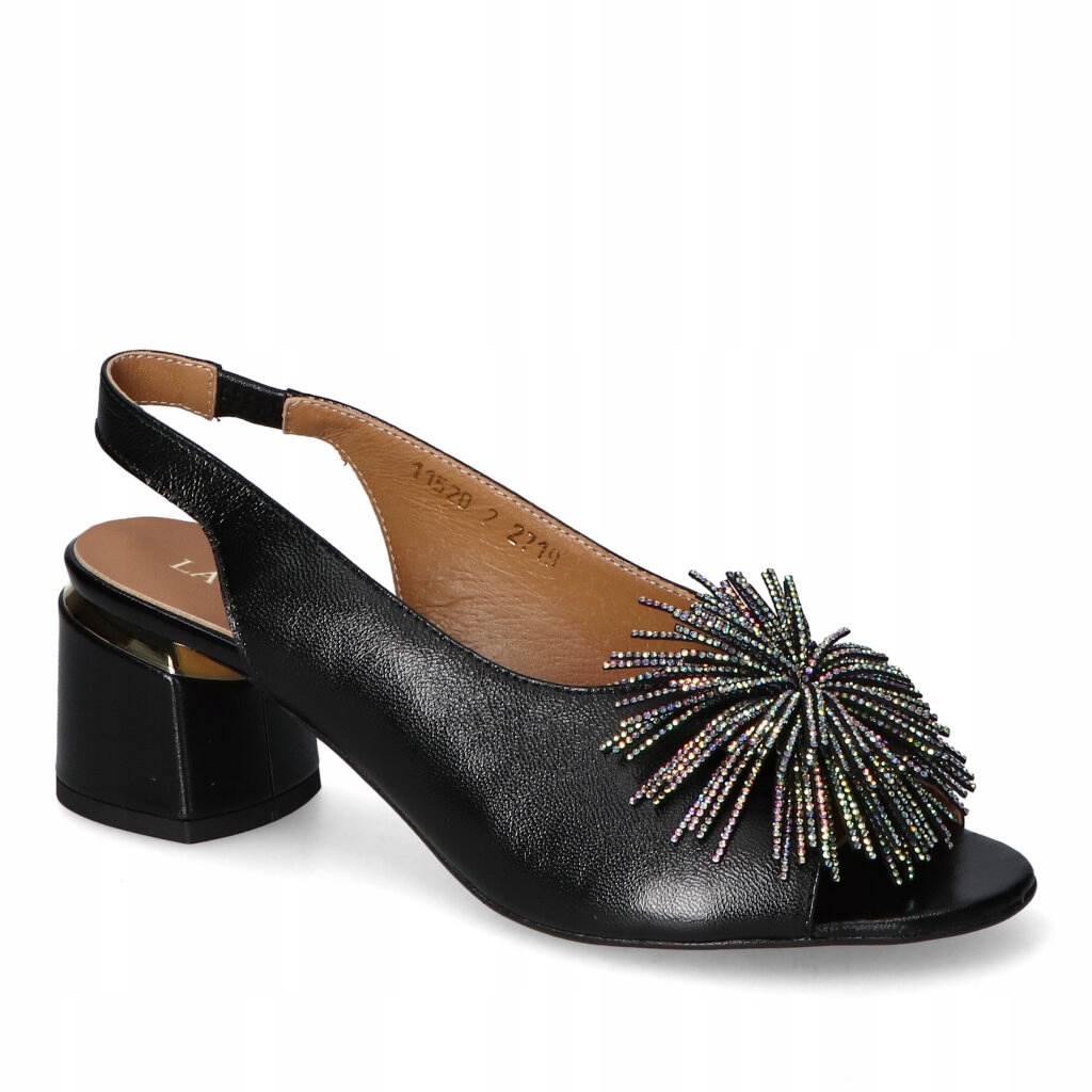 Dámské sandály na podpatku Laura Messi černé s ozdobou, kožené, velikost 36