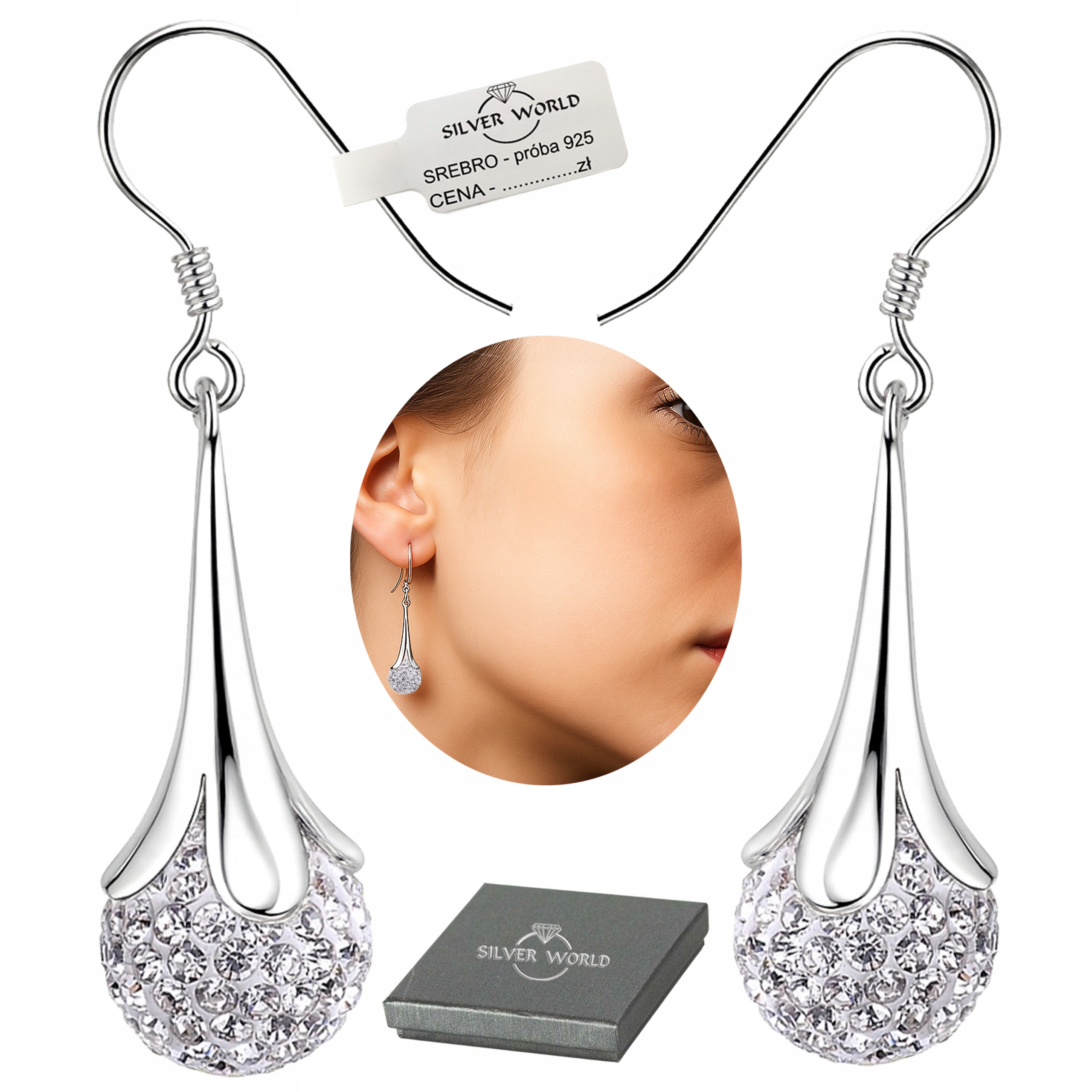 Kolczyki Srebrne 925 Wiszące Długie Cyrkonie Swarovski Etui