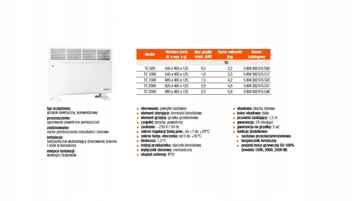 THERMOVAL TC 500W grzejnik elektryczny, konwektor Model TC 500W