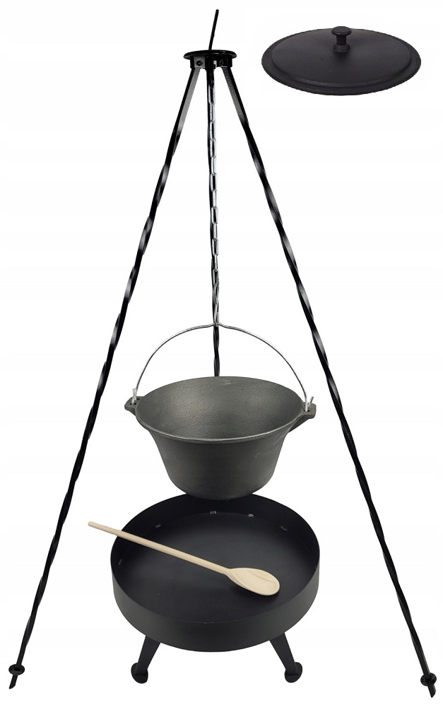 Liatinový kotlík 8 L s liatinovou pokrievkou Palenisko 40 cm Trojnožka 120 cm