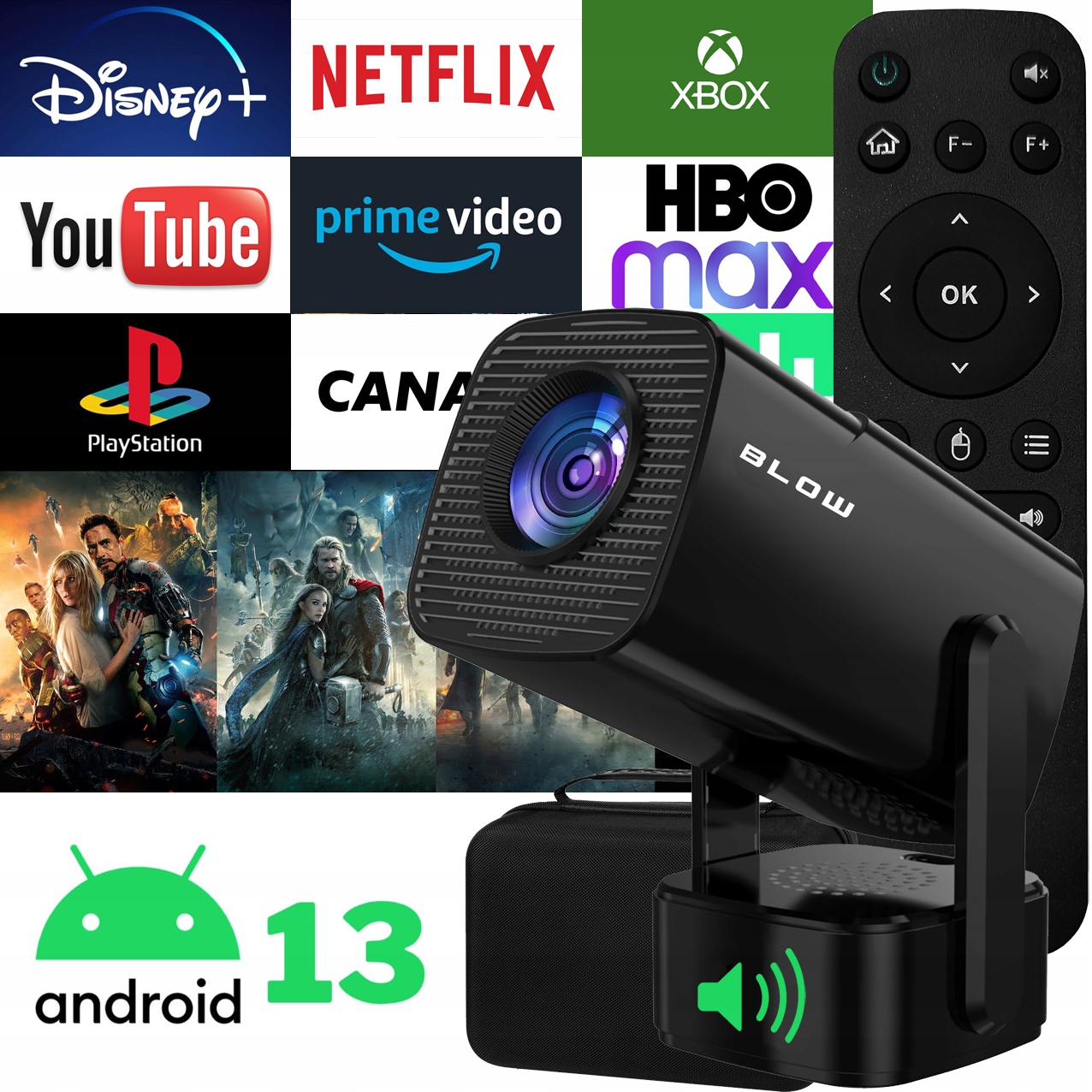 PROJEKTOR RZUTNIK PRZENOŚNY SMART TV 4K ANDROID 13 WIFI BT HDMI + ETUI