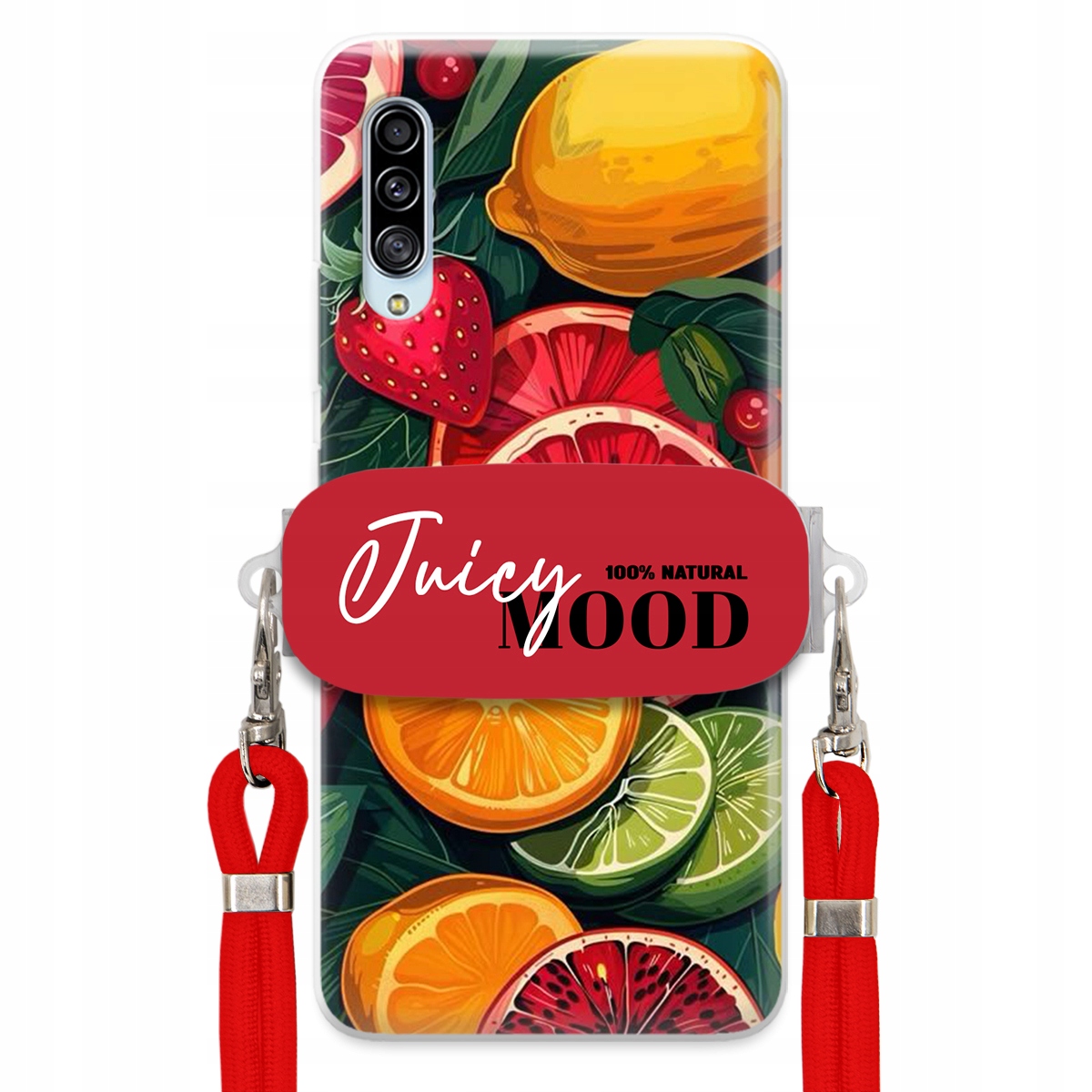 Puzdro pre Samsung A90 Červené Crossbody vodítko Módny držiak Juice Mood Ovocie