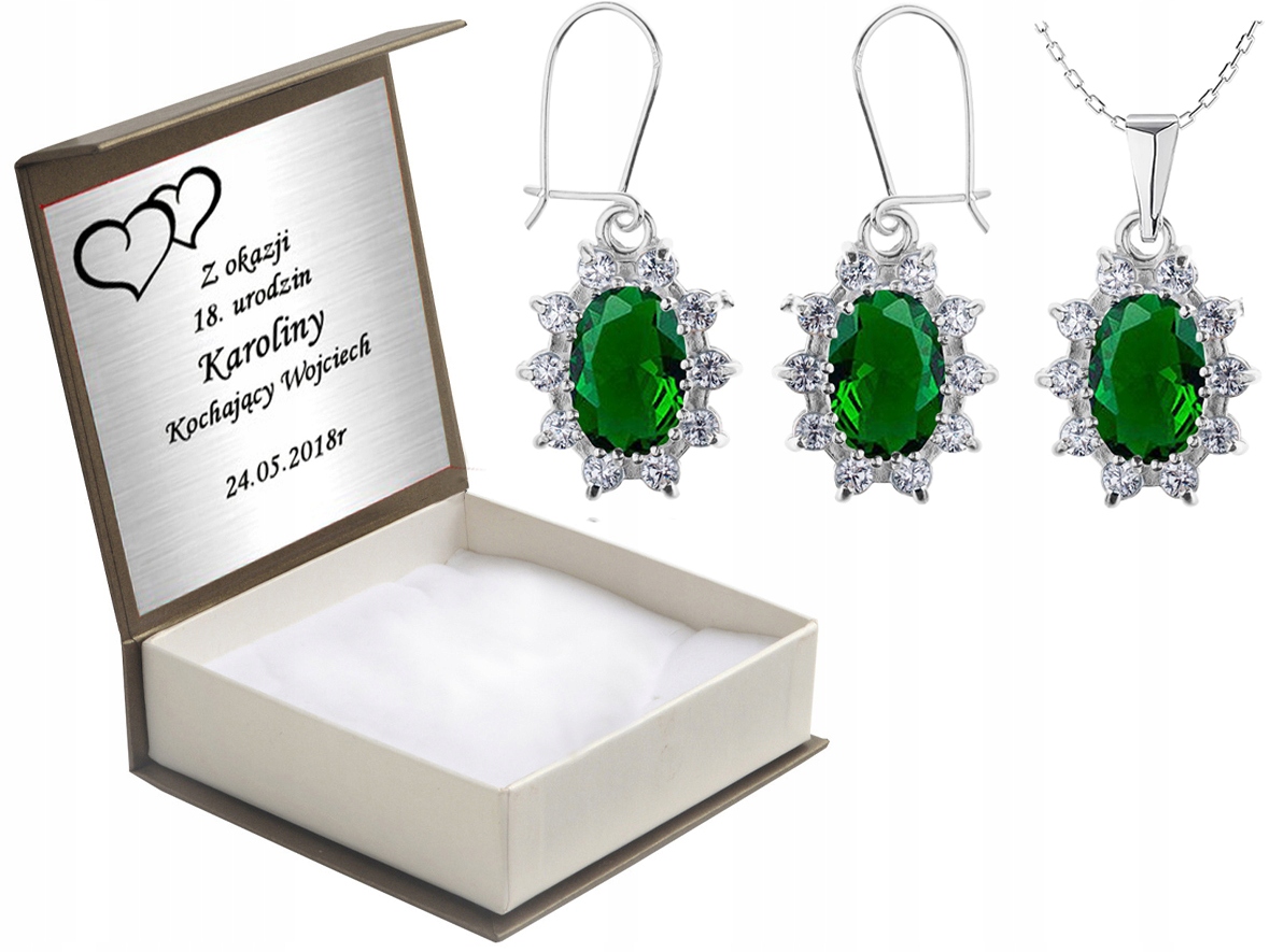 

Komplet Biżuterii Z Zielonymi Cyrkoniami + Grawer