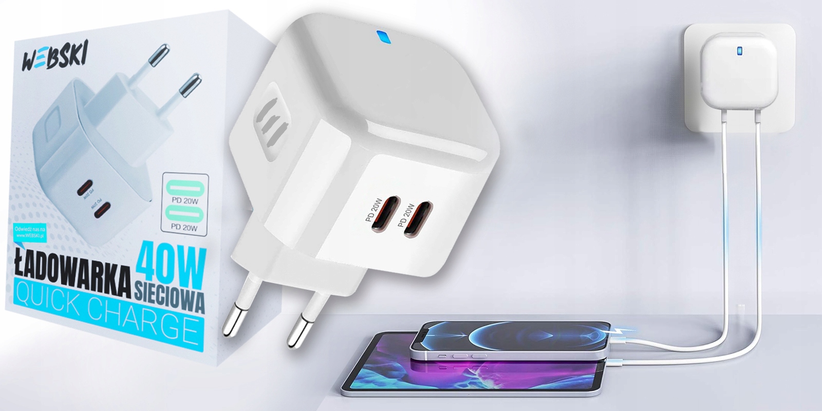 MAŁA PŁASKA SZYBKA ŁADOWARKA SIECIOWA 40W PD 2xusb -C- Z KABLEM C-C 50cm Stan opakowania oryginalne