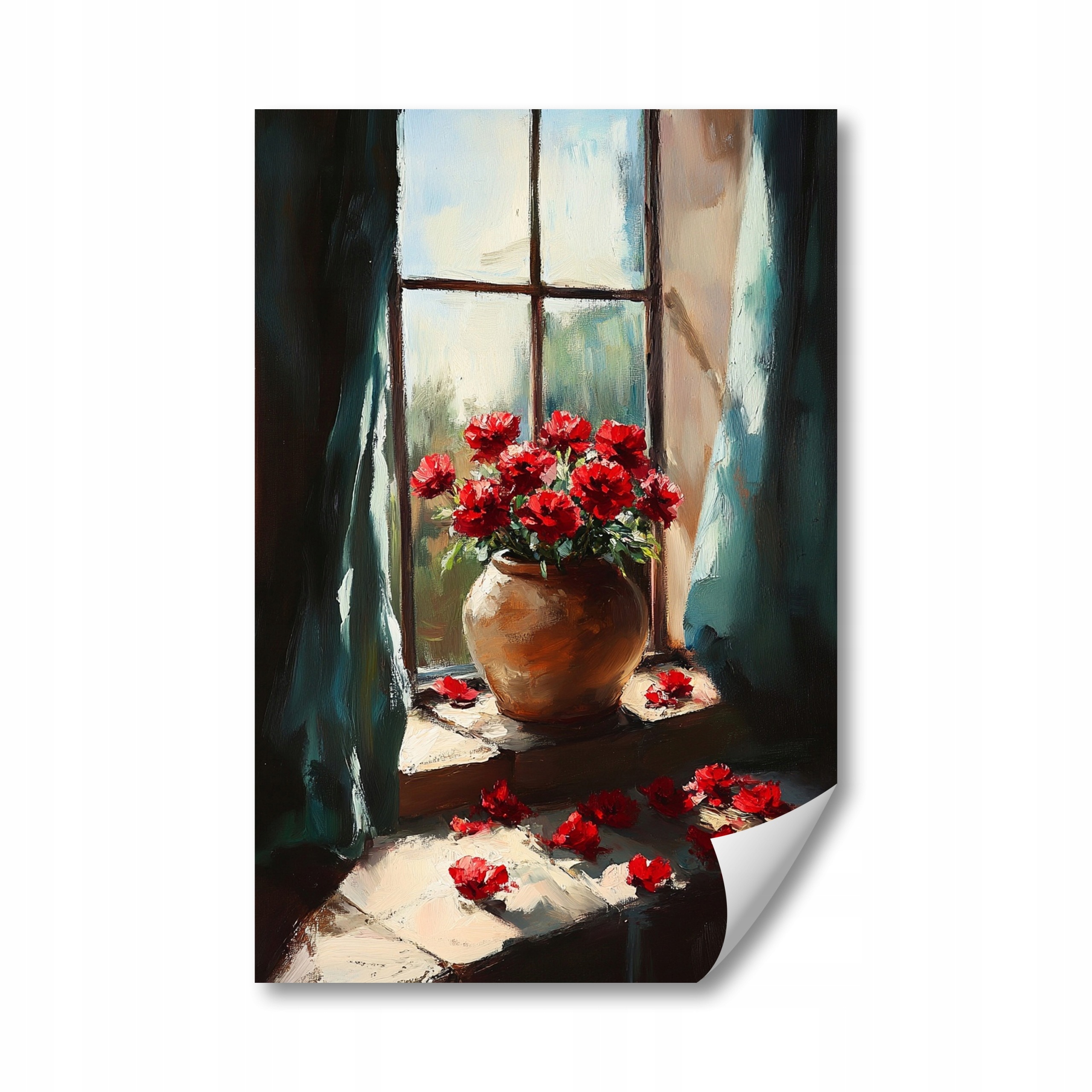 Plakát Červené Květy V Okně Váza Růže Vintage 80x120