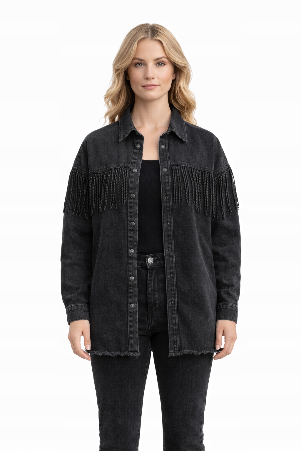 Černá Džínová Bunda S Cvočky A Třásněmi S I4A