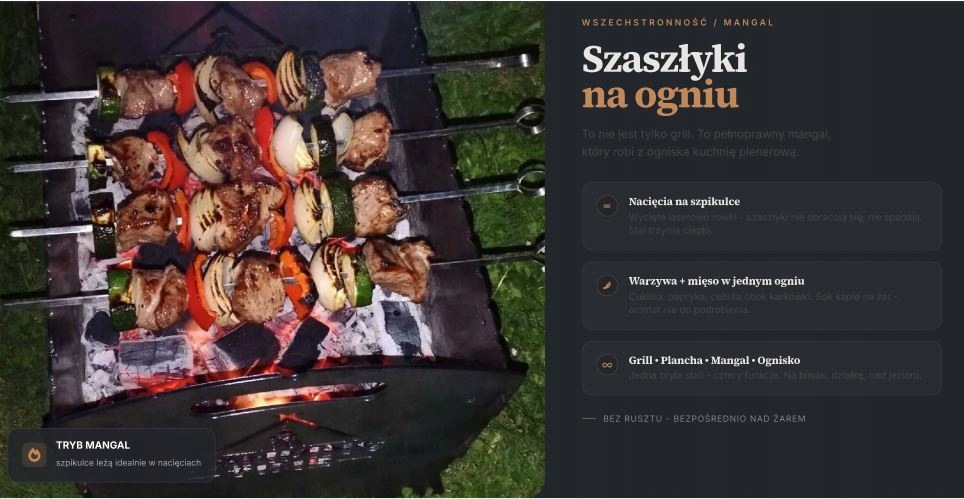 Skládací gril, mangal, ohniště, špízy, silná ocel 3mm, logo