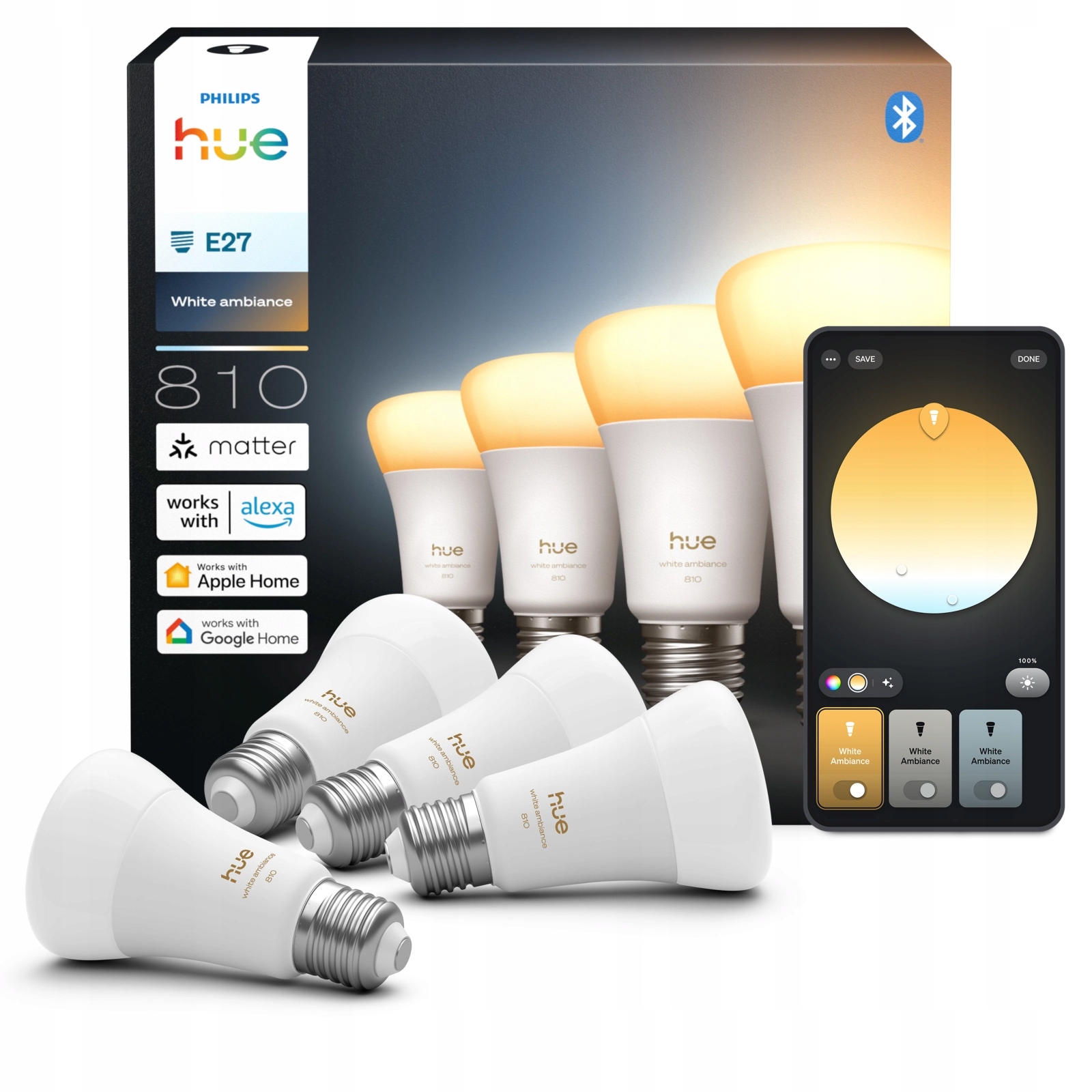 4x Led žárovka E27 6W 810lm Smart Inteligentní Bílé Světlo Philips Hue