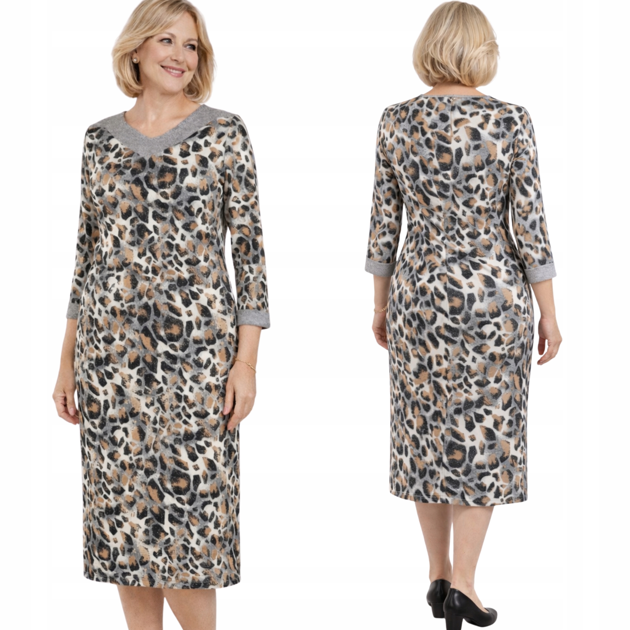 Sukienka 50 3XL (dost 38-58 M-8XL) panterka midi duże rozmiary Kamilea