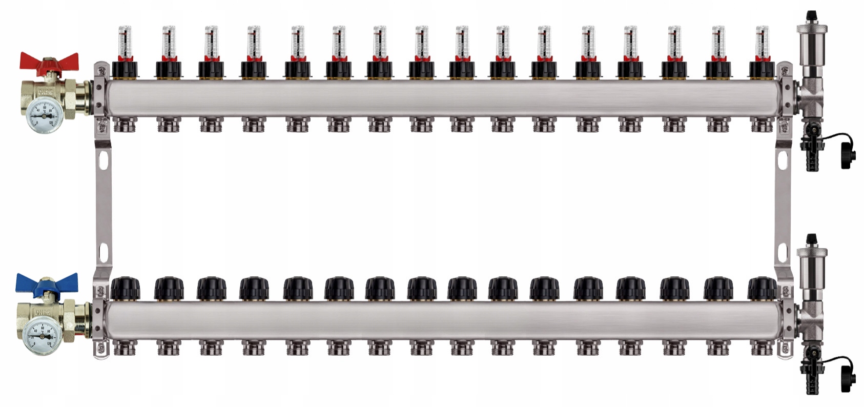 Rozdělovač Pro Podlahovku 16 Nerezových Okruhů Jednoduchý Ventil Teploměr