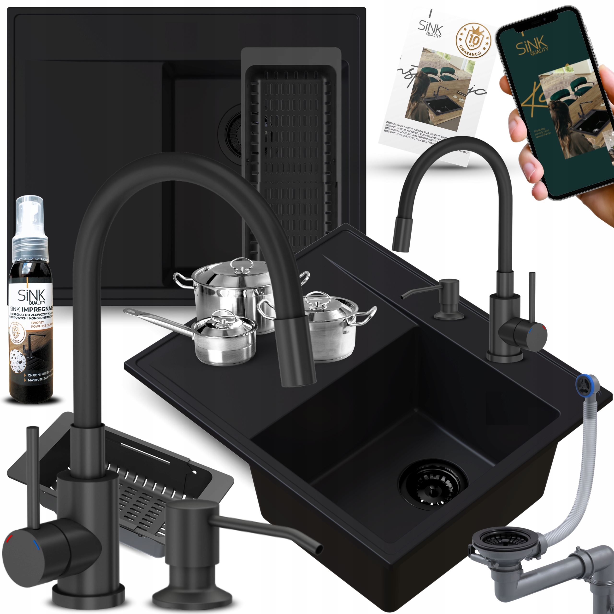 Granitový dřez s dávkovačem tekutiny s baterií, černá, pravá komora