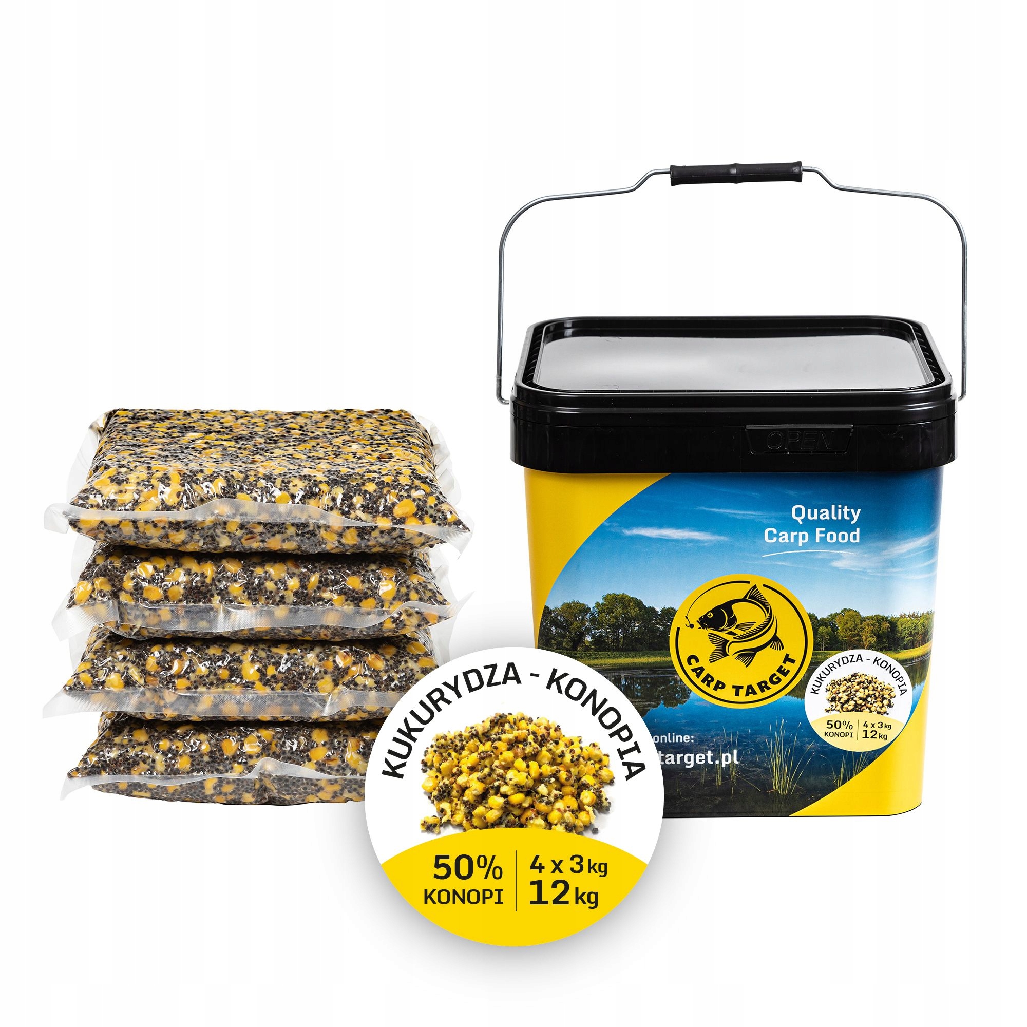 Kukuřice Konopí MIX Zrn 12kg (4x3kg) Návnada Rybářská Kbelík 17L