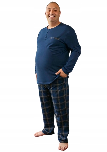 Tmavě Modré Pyžamo, Zapínání Na 3 Knoflíky, Dlouhý Rukáv, Dlouhé Kalhoty, Mřížka 4XL