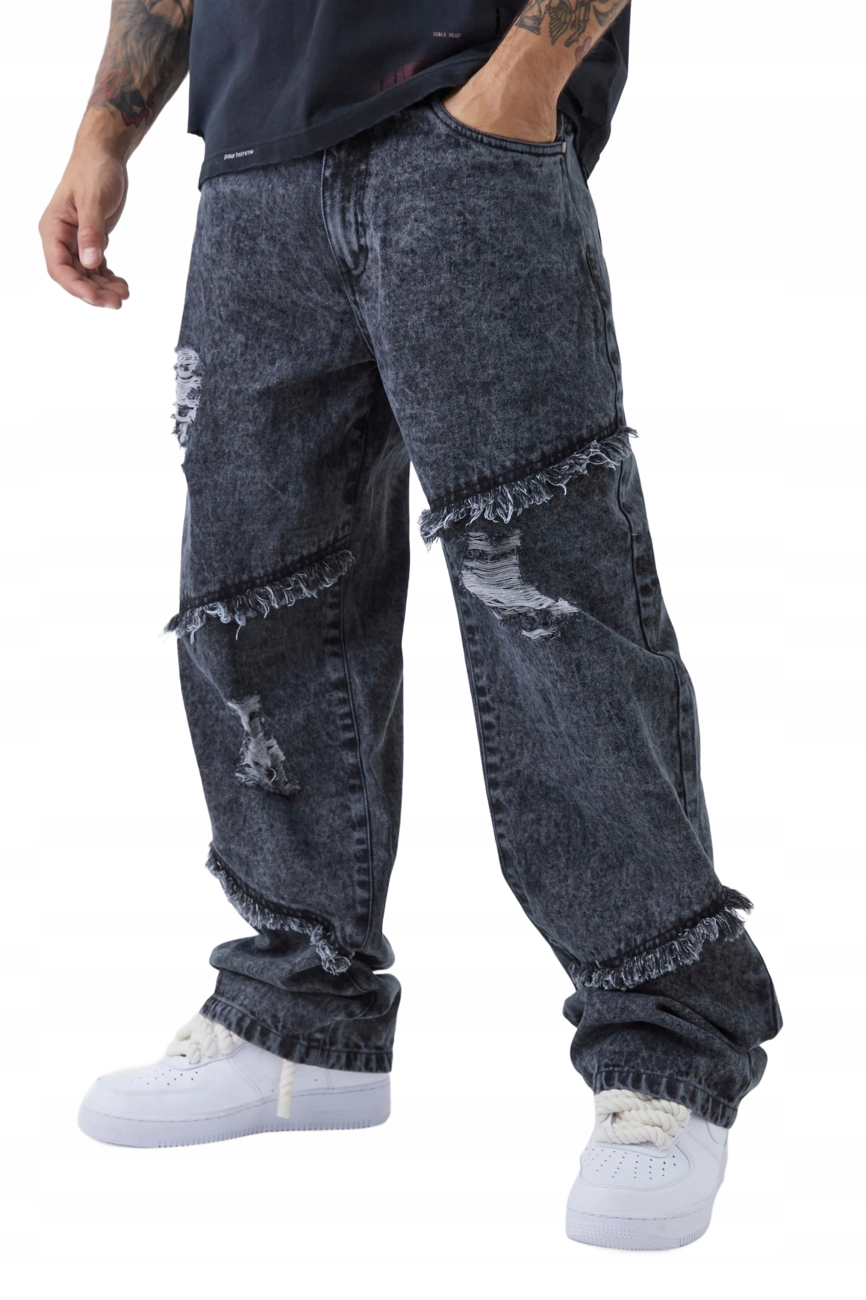 Boohooman Pánské Džíny Černé S Oděrkami A Volnými Záplatami Dlouhé 32 Z3A