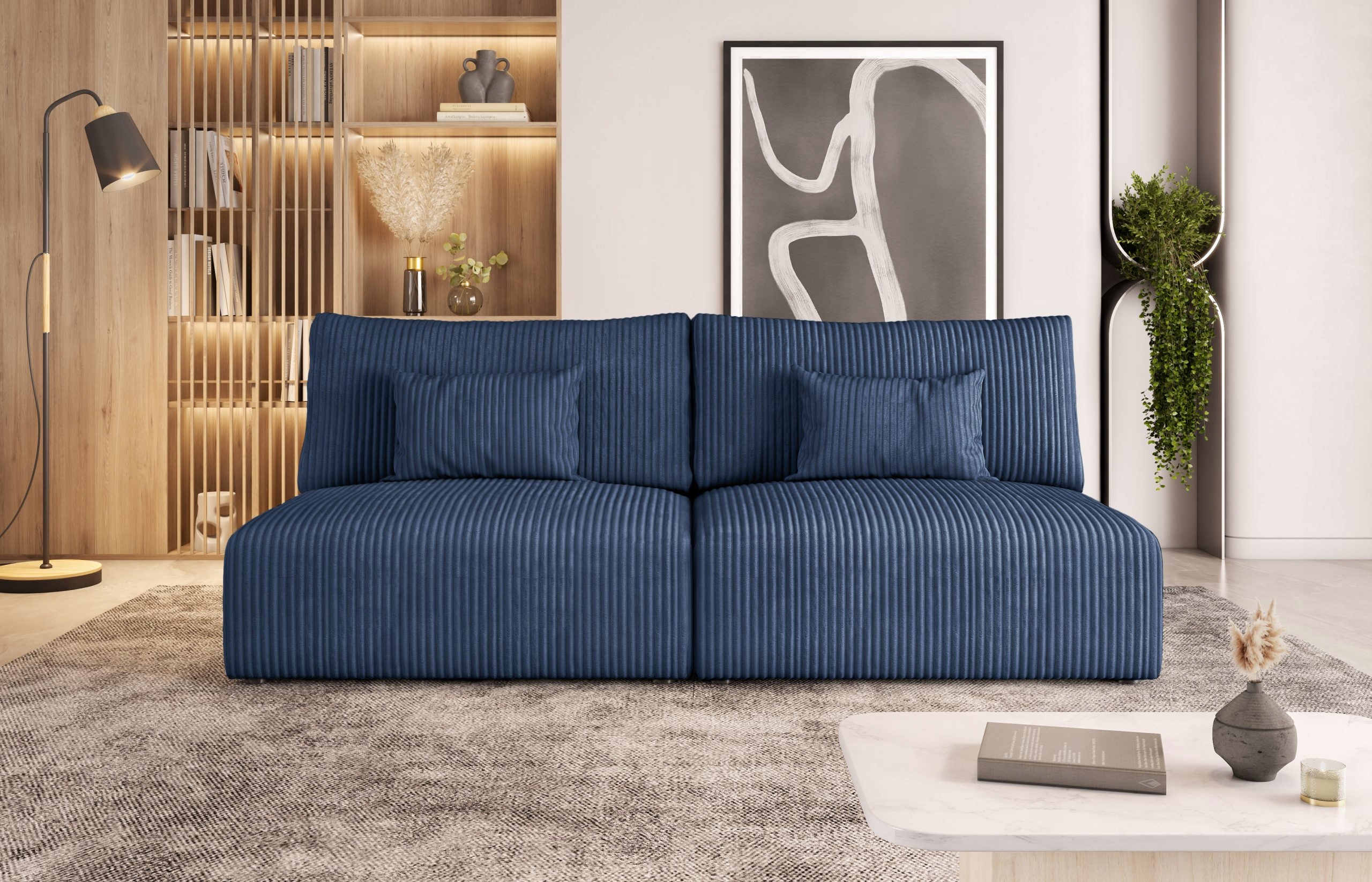 Malá pohovka s funkcí spaní Modulo, modrá, bez područek.