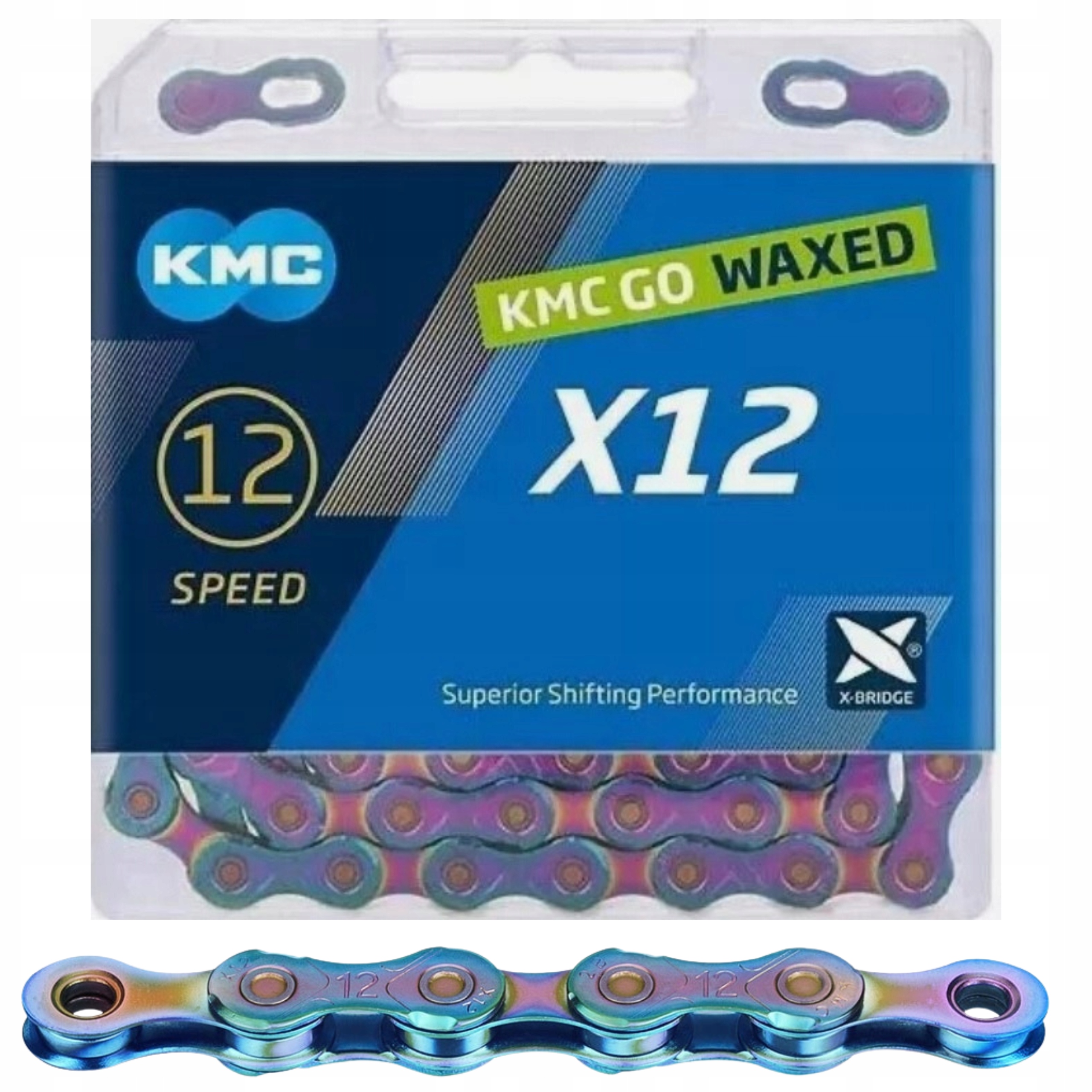 łańcuch rowerowy Kmc X12 Aurora Tęczowy 126 ogniw Wosk Spinka