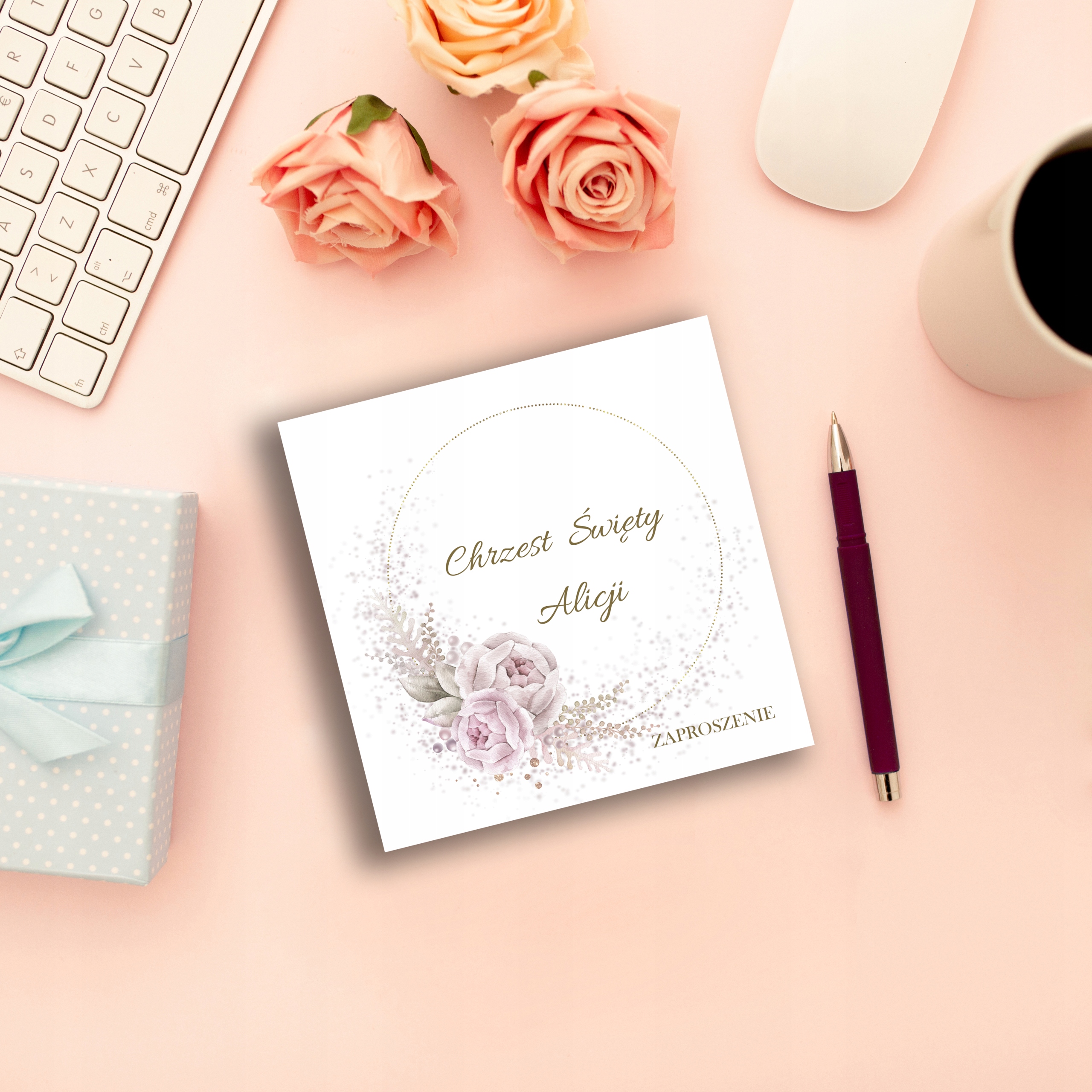ZAPROSZENIA NA CHRZEST IMIĘ KWIATY RÓŻOWE 1szt 001 Wysokość produktu 15 cm