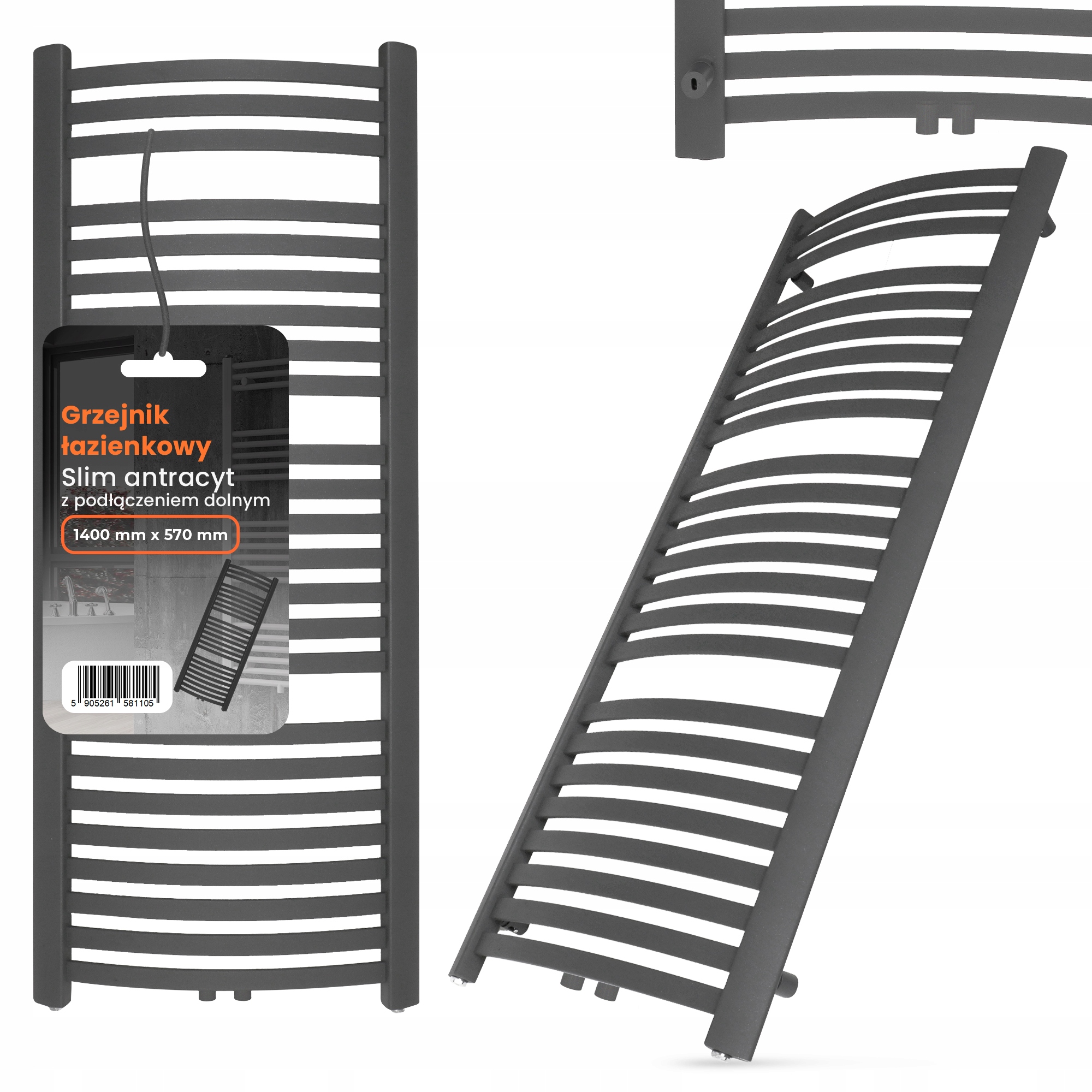 Kúpeľňový Ohrievač Radiátor Rebríkový Slim Drabinka 1400 x 570 Antr 2G-T