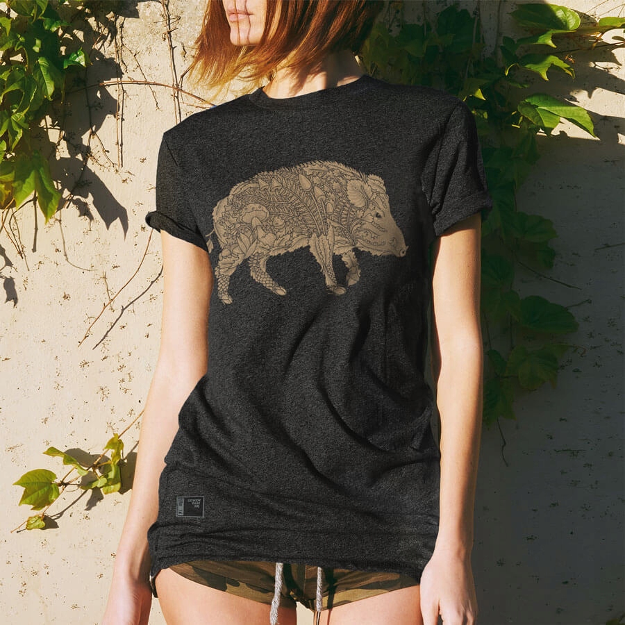 

t-shirt damski z DZIKiem grafitowy szary - Xs