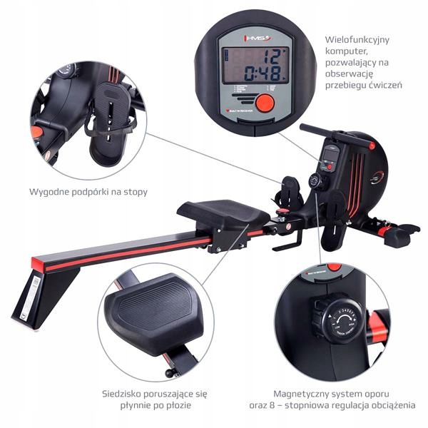 Wioślarz Magnetyczny Trenażer Regulowane Obciążenie Komputer LCD 120 kg Rodzaj - system oporu magnetyczny