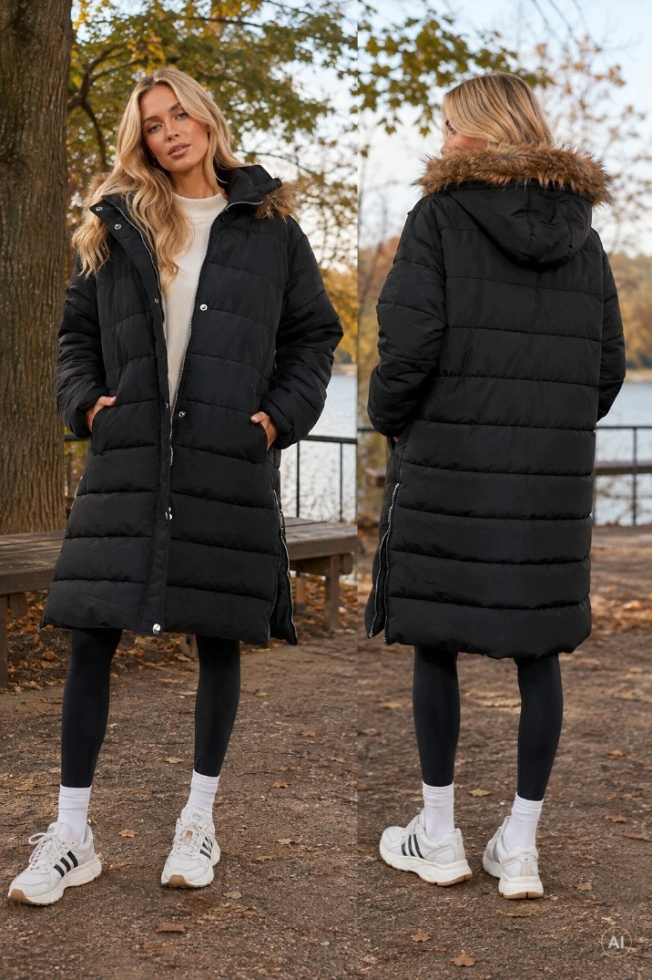 Dlouhá Dámská Zimní Péřová Bunda Parka S Kapucí Kožíšek Černá XL