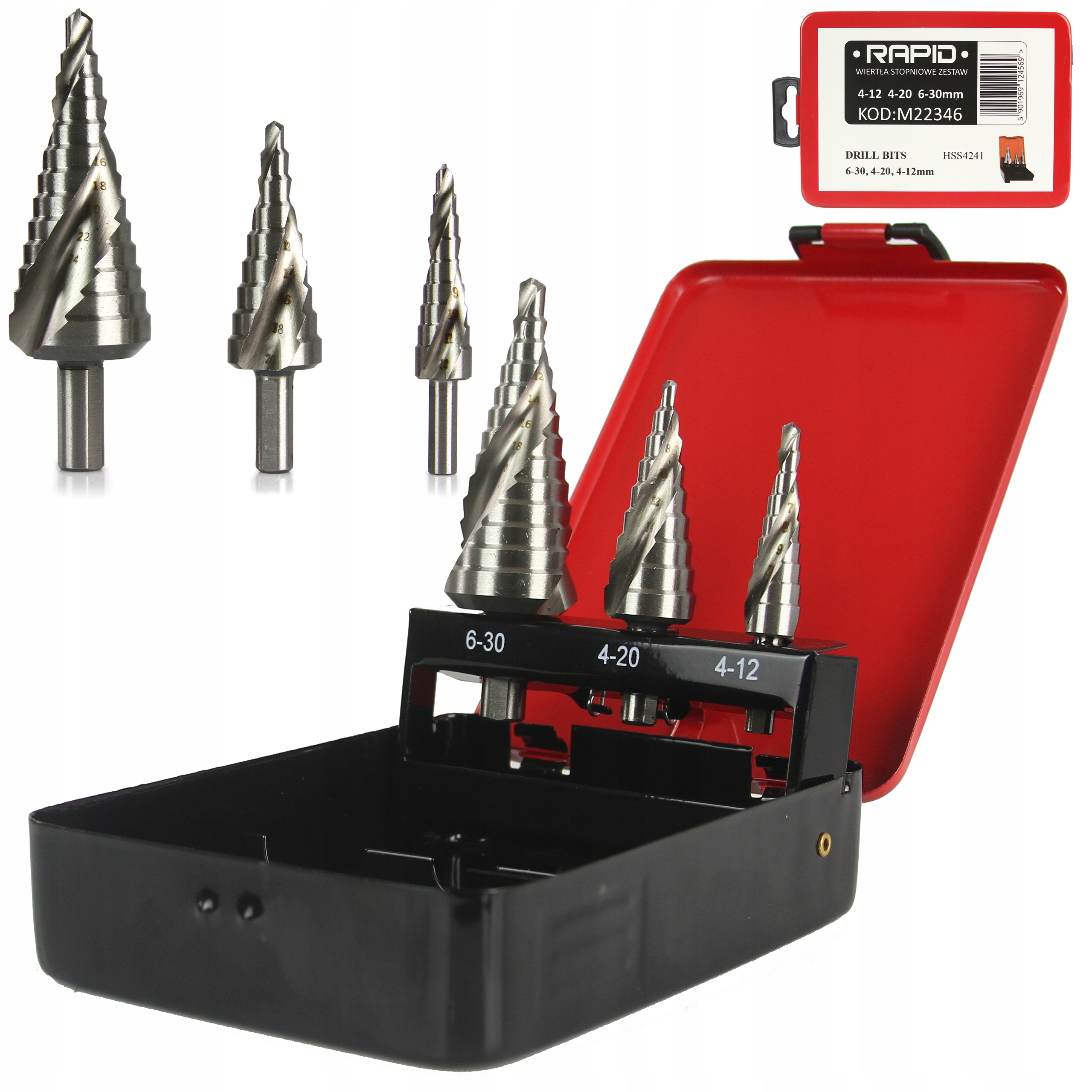 

Wiertła Stopniowe 3 Sztuki 6-30 mm Stożek Spirala