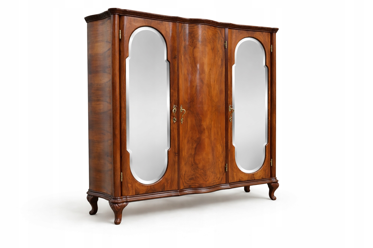 ROZKŁADANA FUNKCJONALNA SZAFA Z FAZOWANYMI LUSTRAMI PO RENOWACJI ORZECH