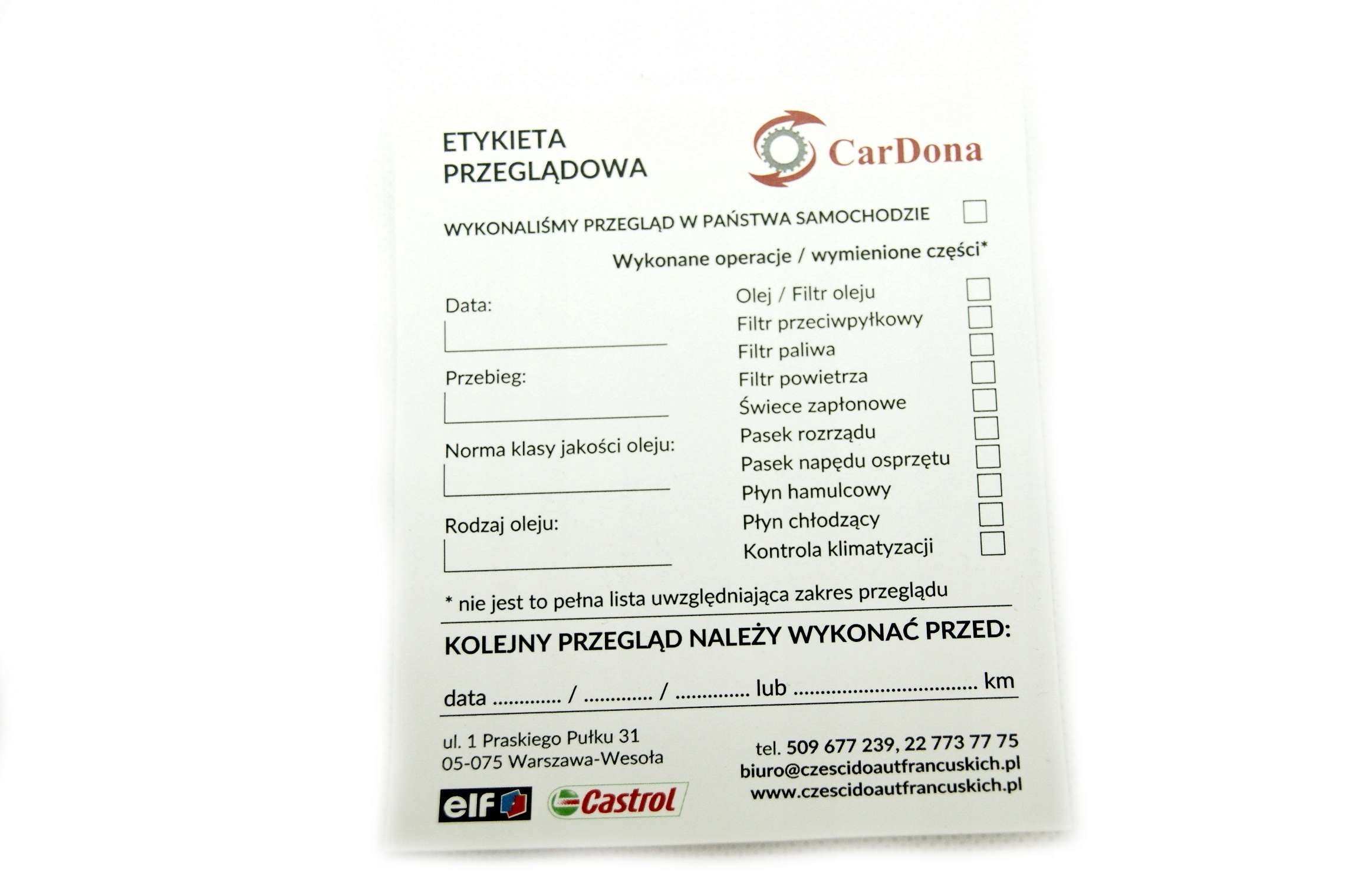 

Etykieta Przeglądowa Naklejka Zawiesza Wymiany