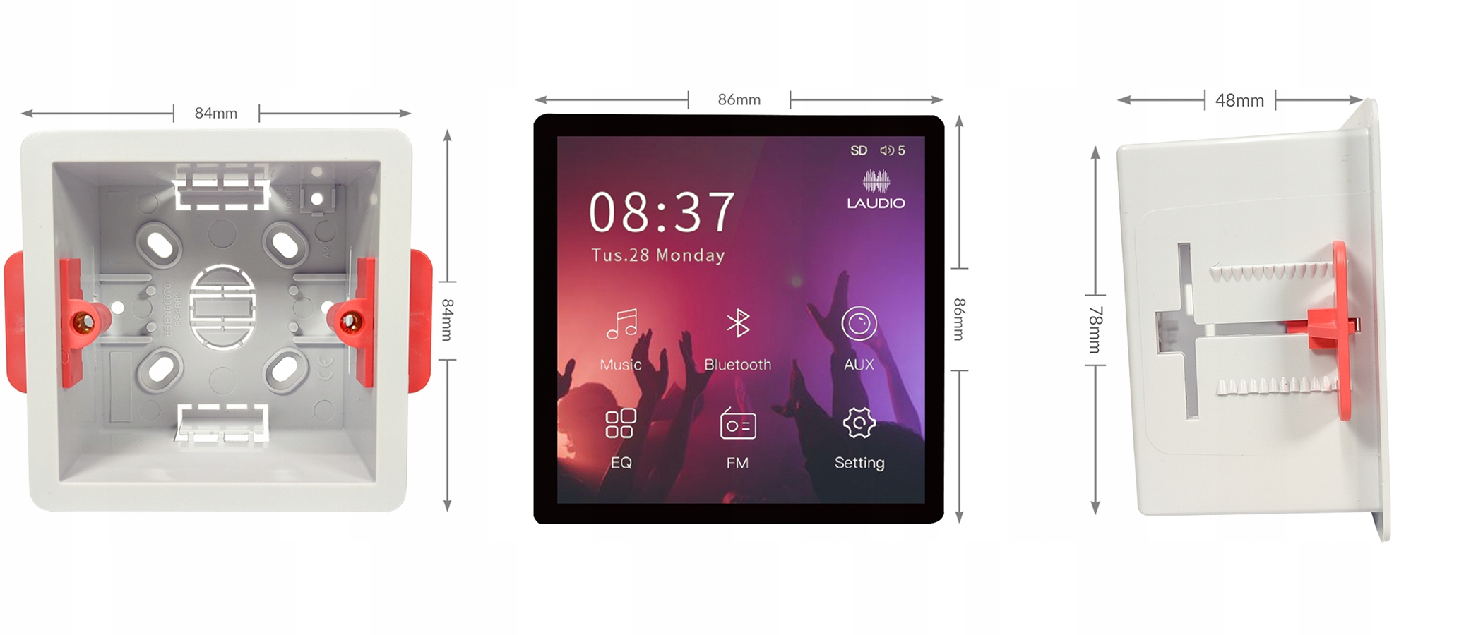 LAUDIO W20BT Odtwarzacz ścienny + 4 Głośniki JBL Minimalna głębokość otworu montażowego 48 cm