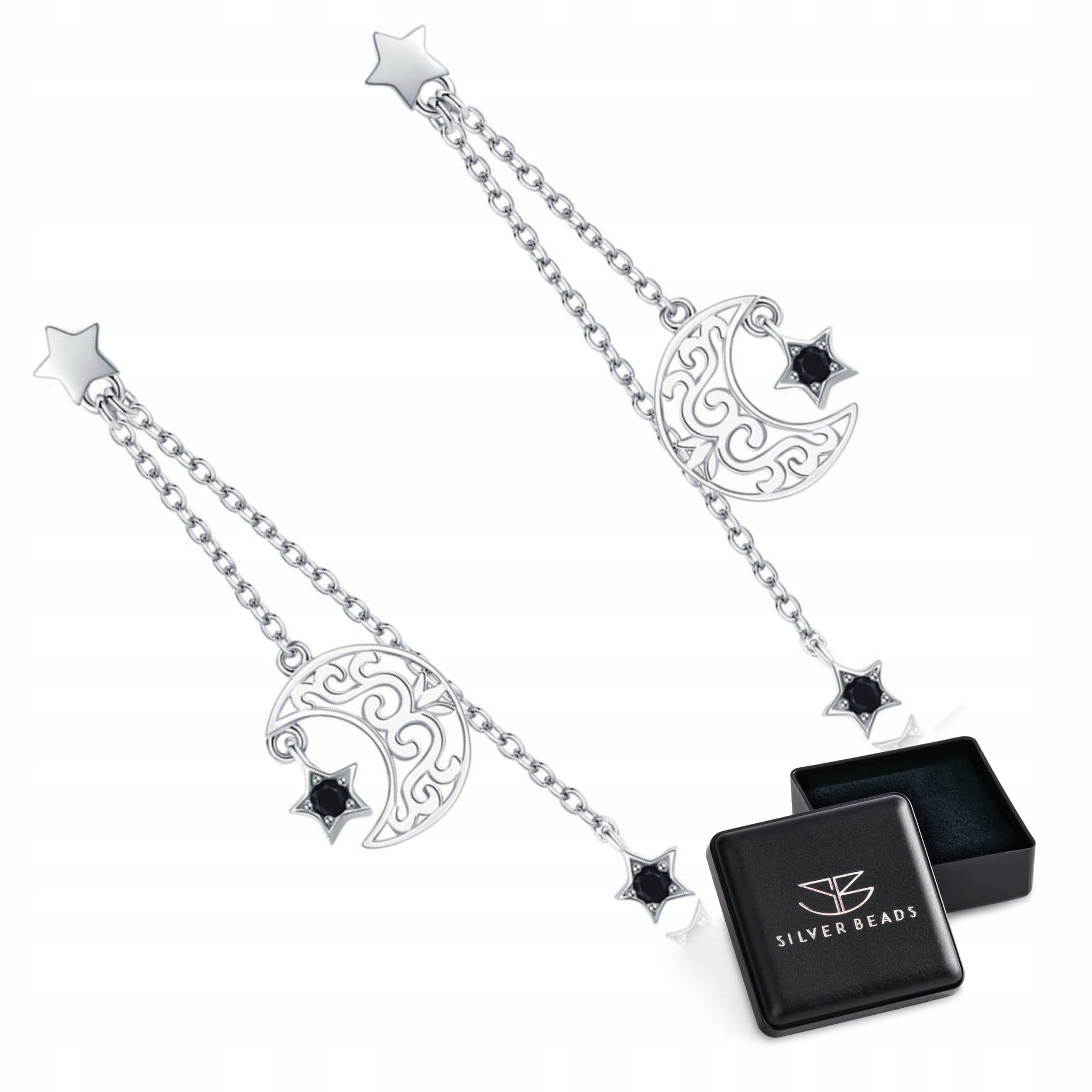 K1109 Srebrne kolczyki wiszące księżyce i gwiazdy sztyfty srebro 925