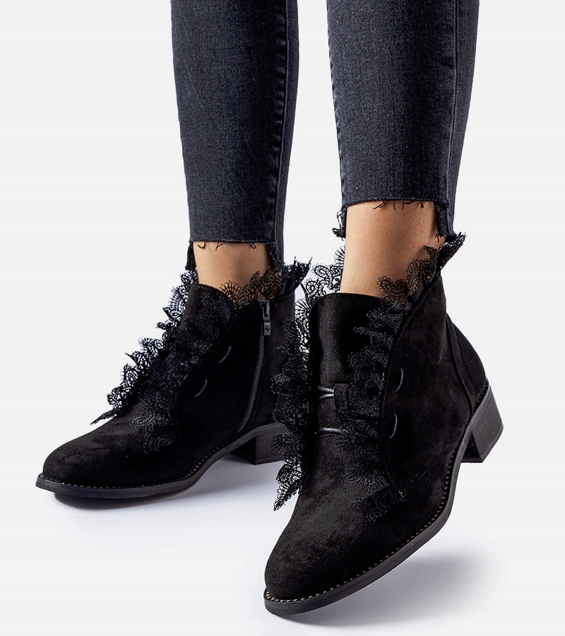 Czarne botki z cyrkoniami i koronką 26125 26125 rozmiar 39