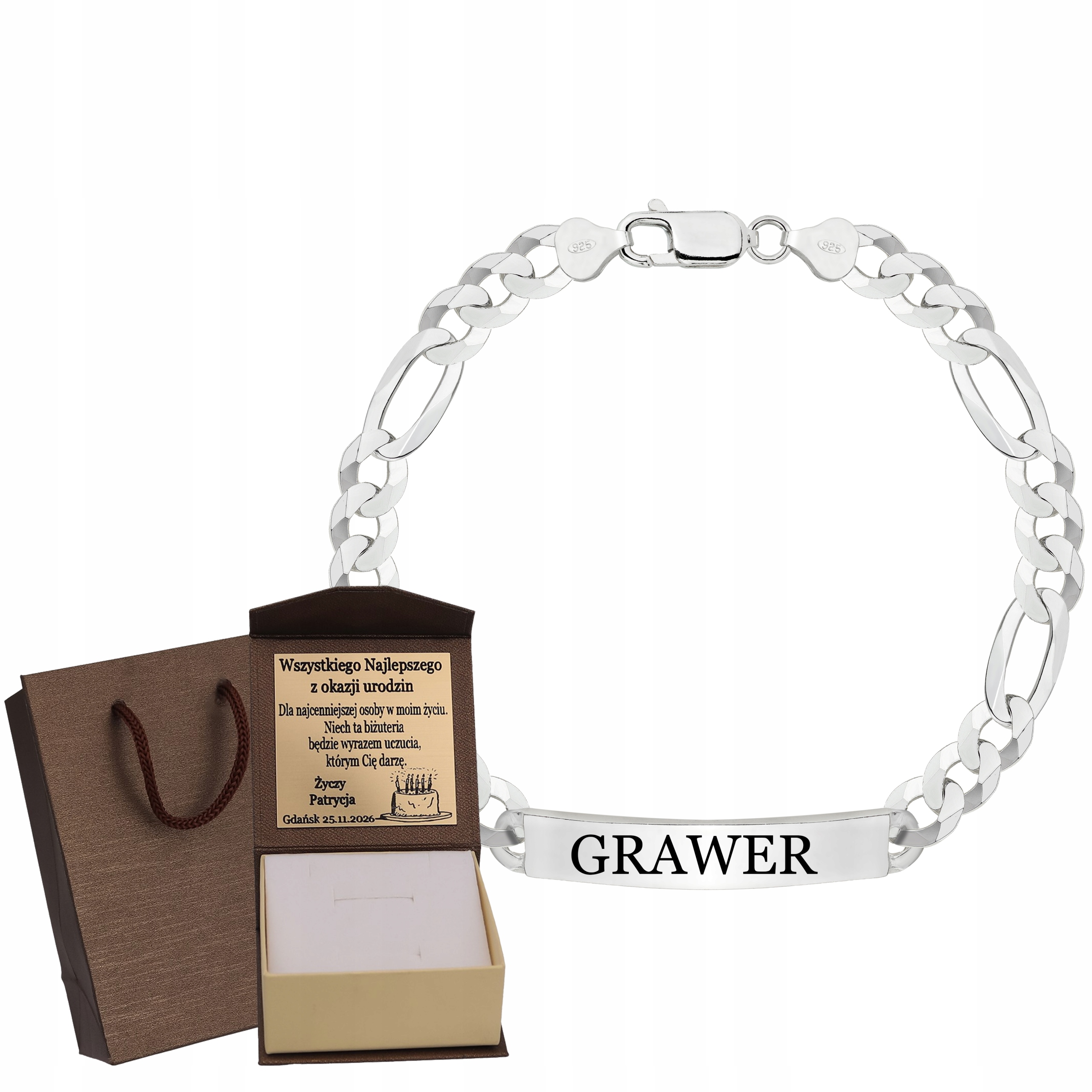 Stříbrný Plný Pánský Náramek Figaro S Plechem Ryzost 925 Gravírování Bonus