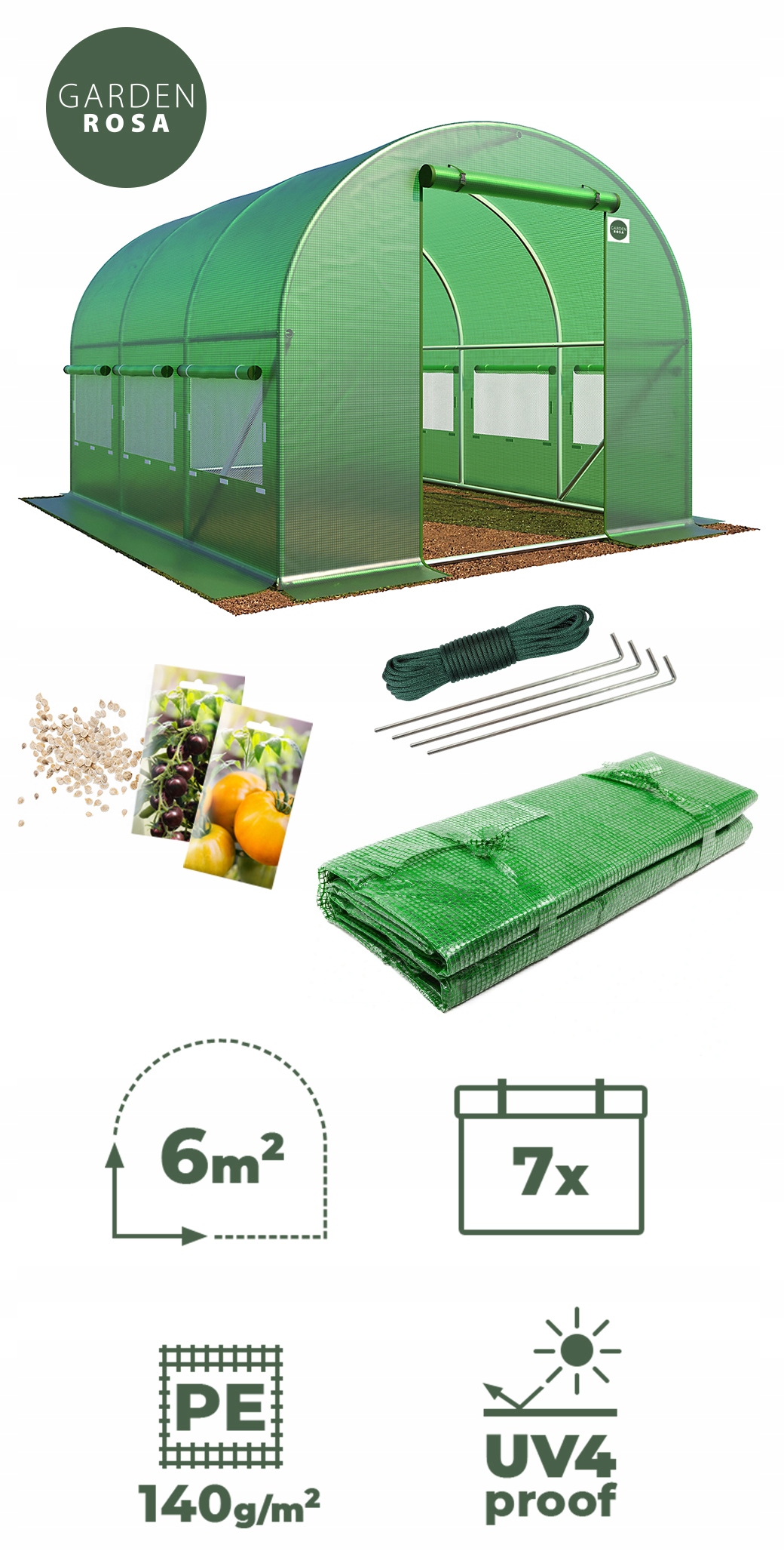TUNEL FOLIOWY 6m2 OGRODOWY SZKLARNIA 2x3m FILTR UV Powierzchnia 6 m²