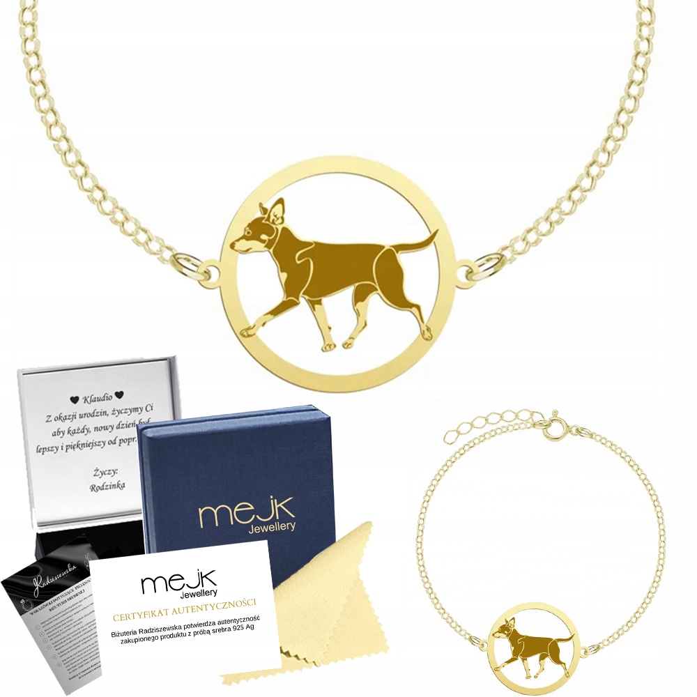 Zlatý náramek se psem plemene Prager Rattler 925 Řetízek Gravírování Bonus