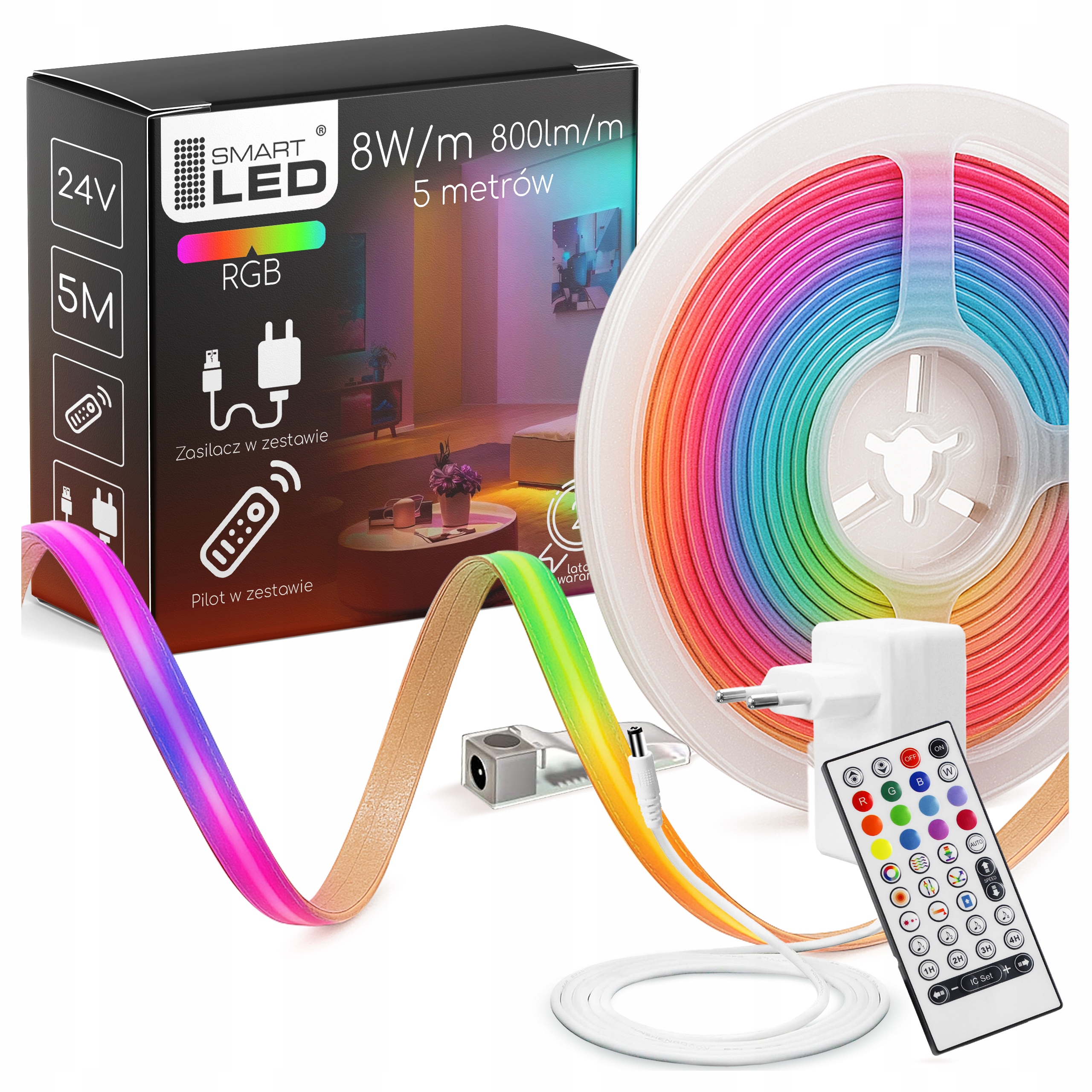 Taśma Led Rgbw Rgb Biały Cob 24V Linia Neon 5M Zestaw Zasilacz Pilot