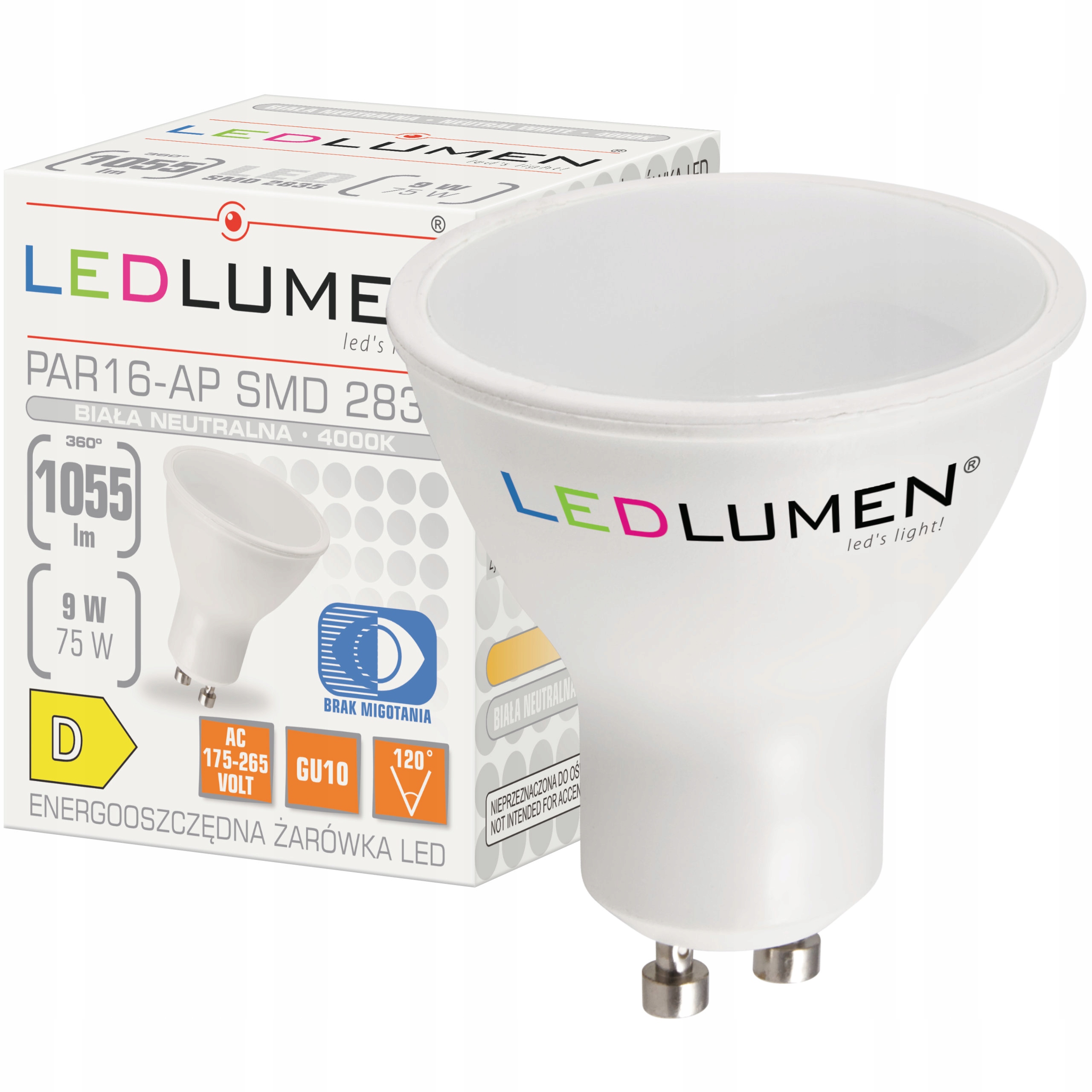 

Żarówka Led GU10 PAR16 9W=75W 1055lm CCD Neutralna